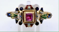 Antique Neo Renaissance Polychrome Enamel 18 Karat Gold Pink Topaz Square Cut