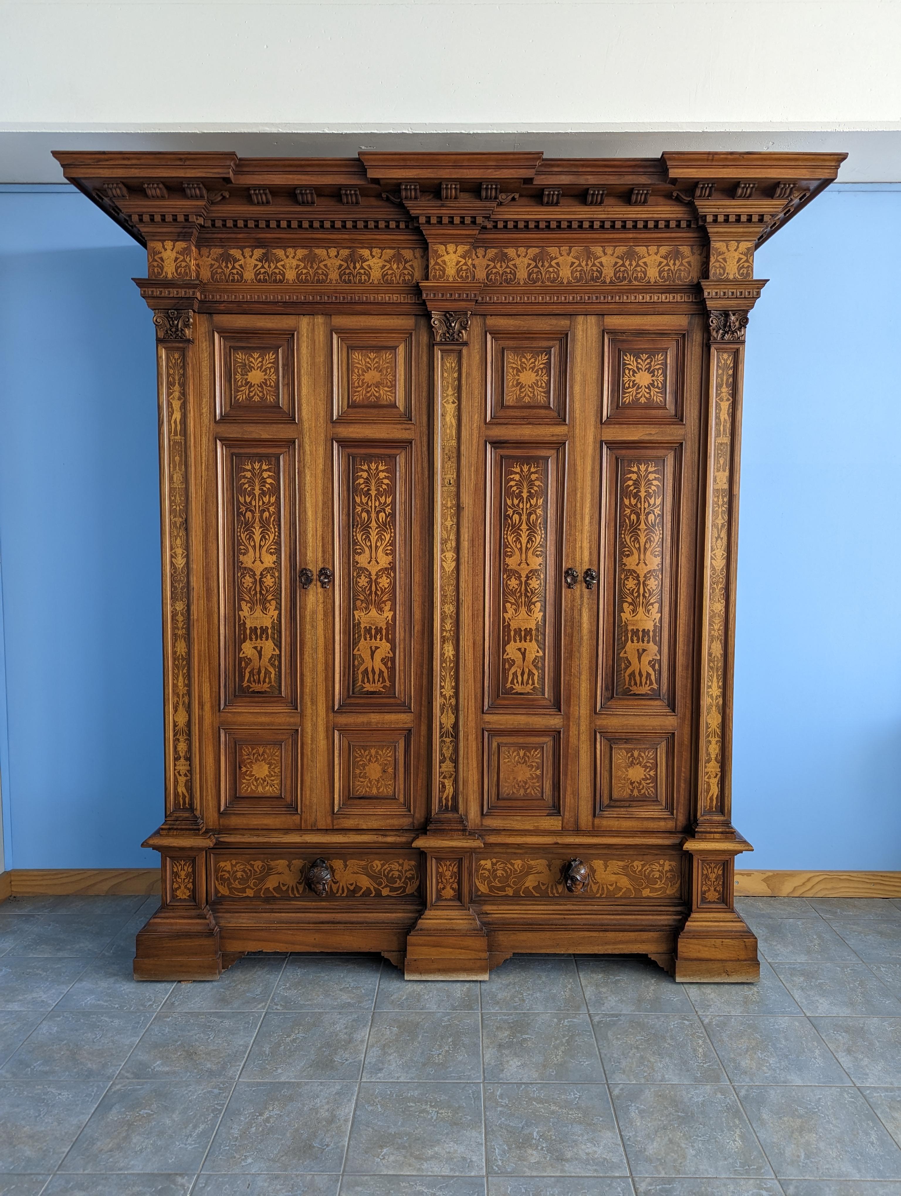 Antique Neo-Renaissance Walnut Armoire with Inlays and Four Doors, Late 19th C. 7