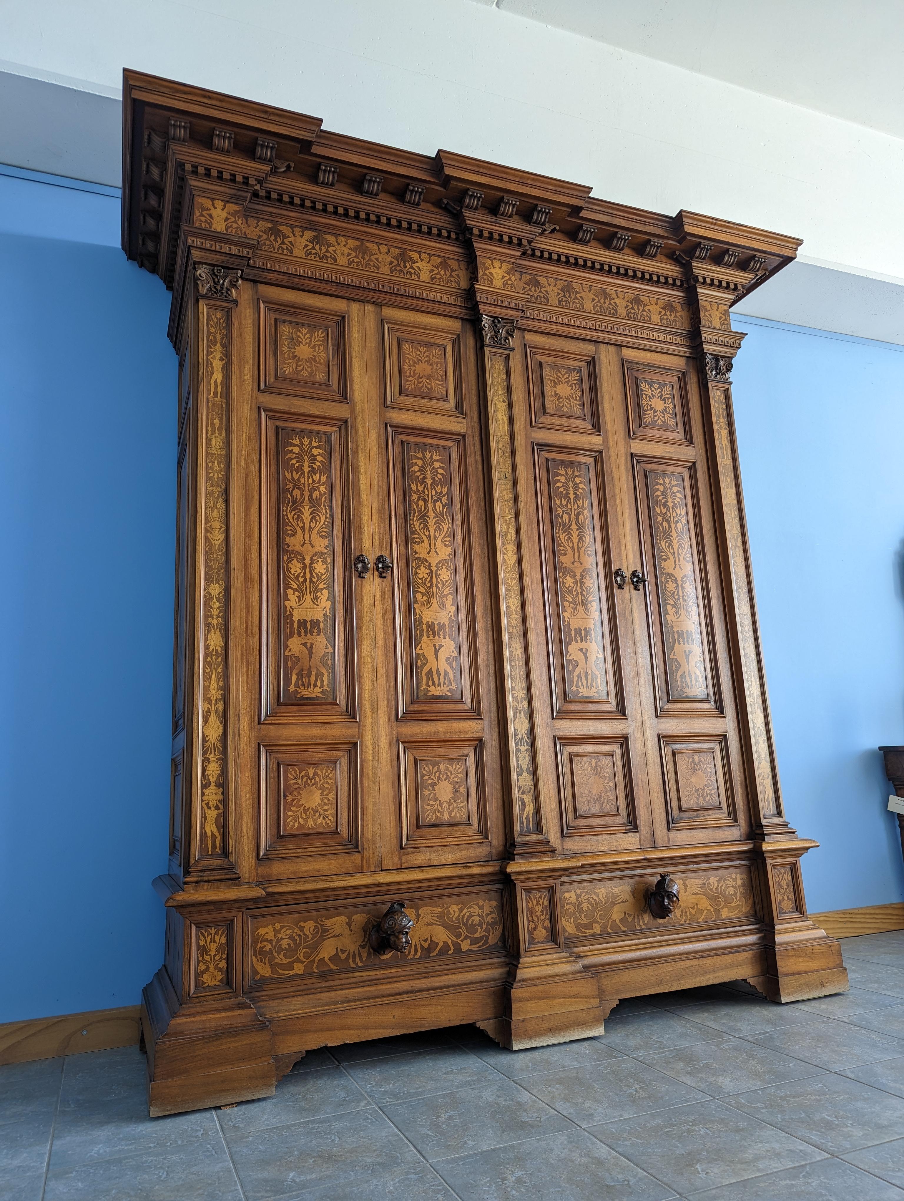 Antique Neo-Renaissance Walnut Armoire with Inlays and Four Doors, Late 19th C. 8