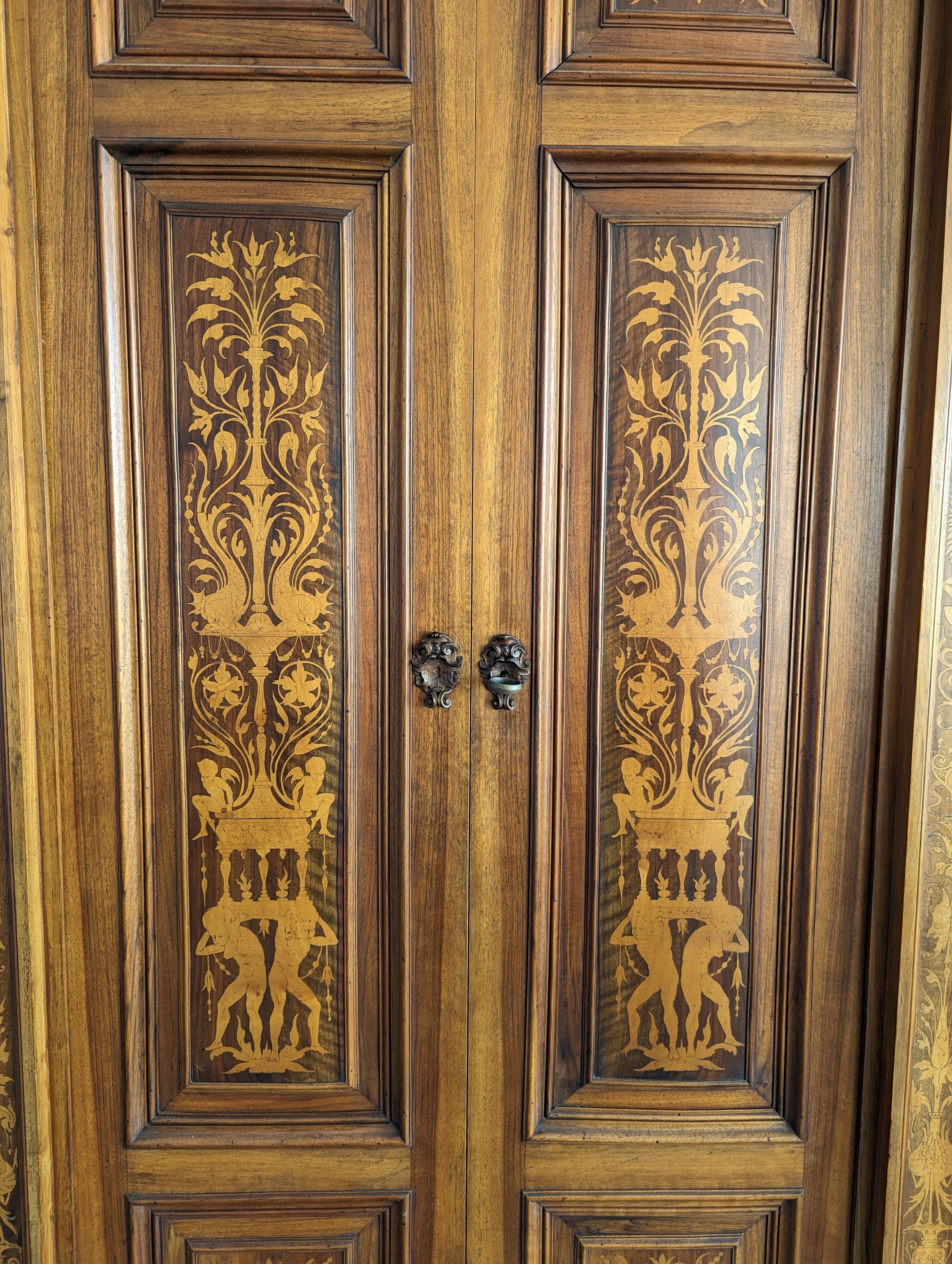 Antique Neo-Renaissance Walnut Armoire with Inlays and Four Doors, Late 19th C. 12