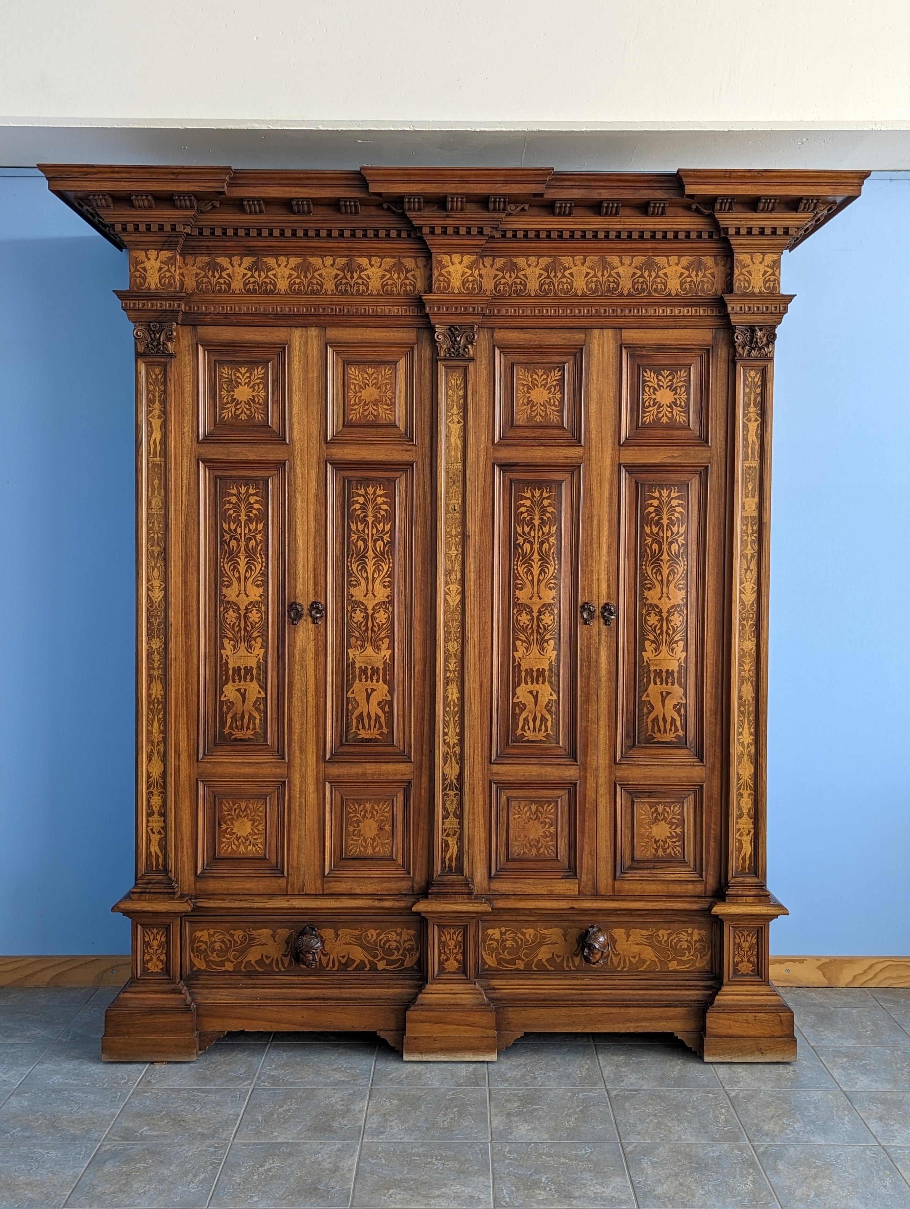 Austrian Antique Neo-Renaissance Walnut Armoire with Inlays and Four Doors, Late 19th C.