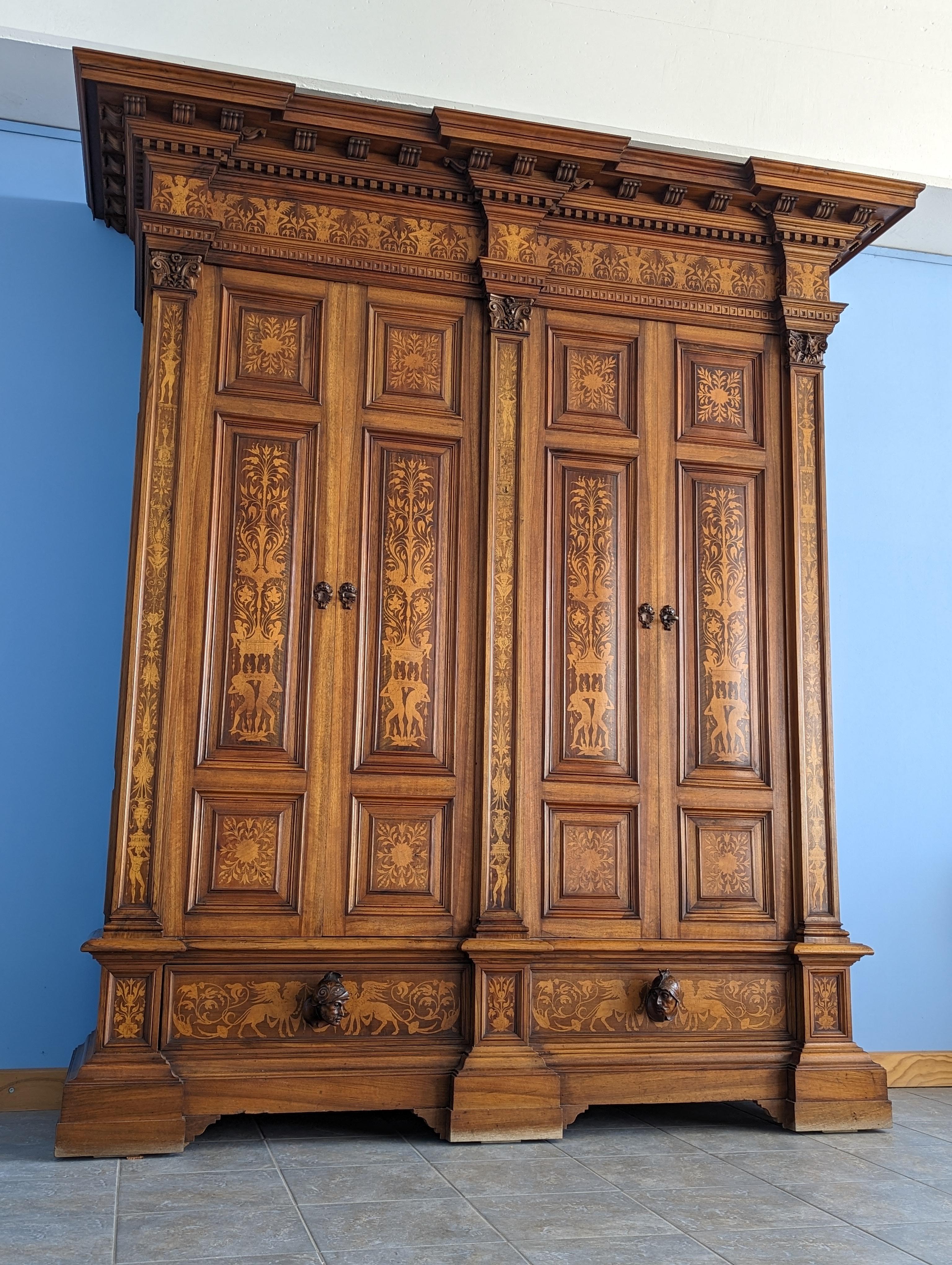 19th Century Antique Neo-Renaissance Walnut Armoire with Inlays and Four Doors, Late 19th C.