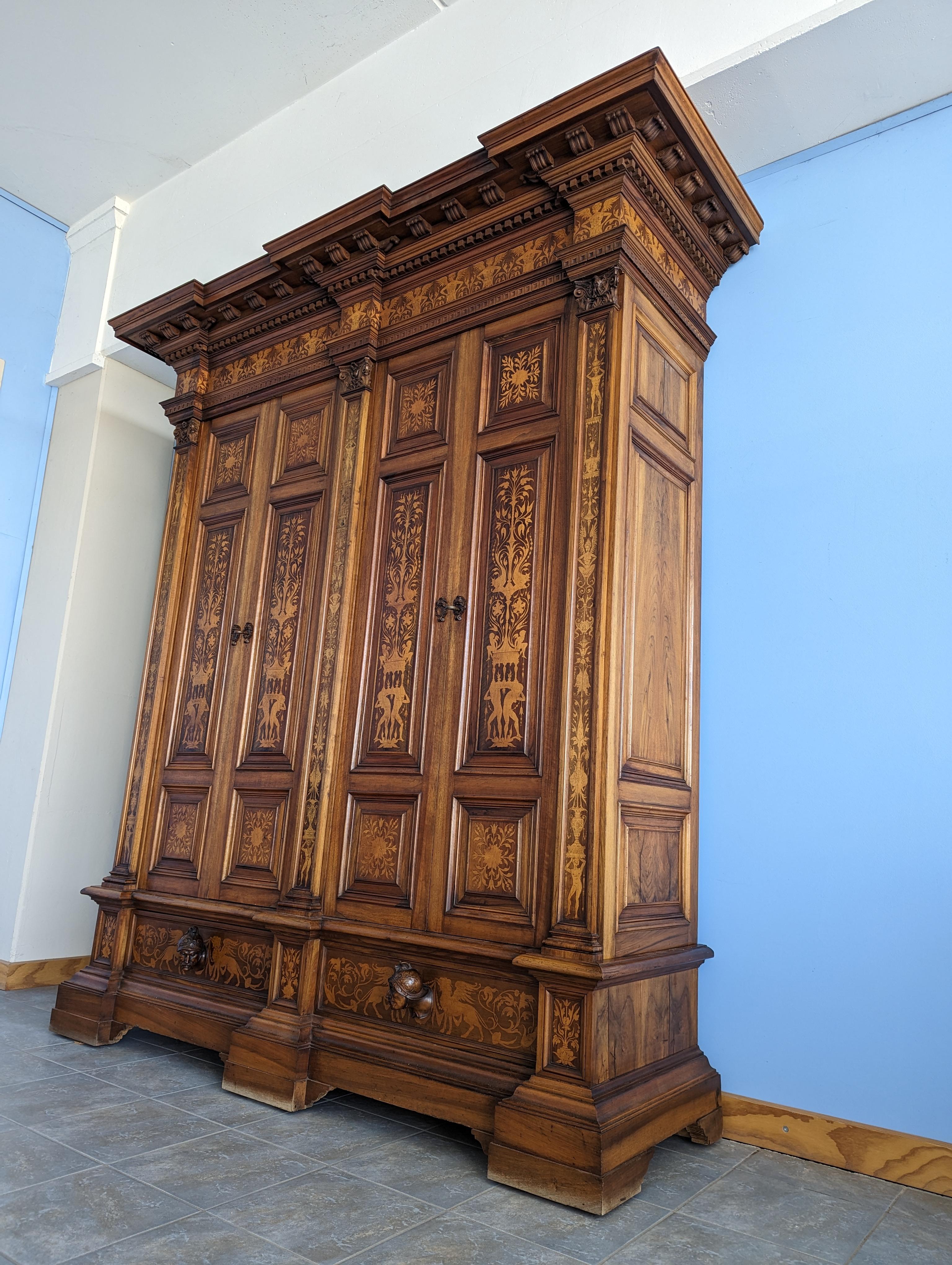Antique Neo-Renaissance Walnut Armoire with Inlays and Four Doors, Late 19th C. 1