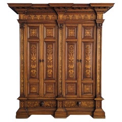 Antique Neo-Renaissance Walnut Armoire with Inlays and Four Doors, Late 19th C.