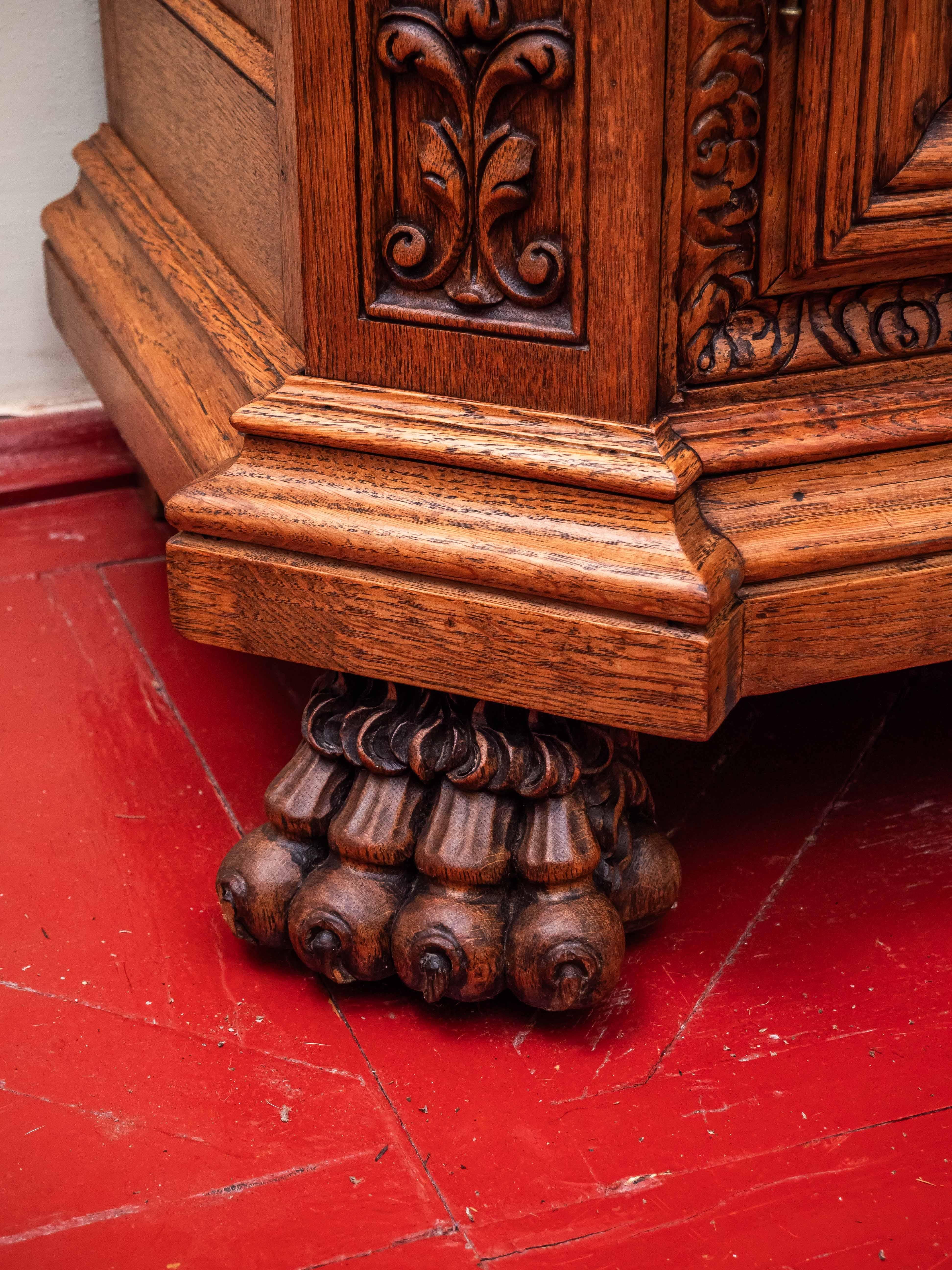 Glass Antique Neo-Rococo bookcase / sideboard oak For Sale