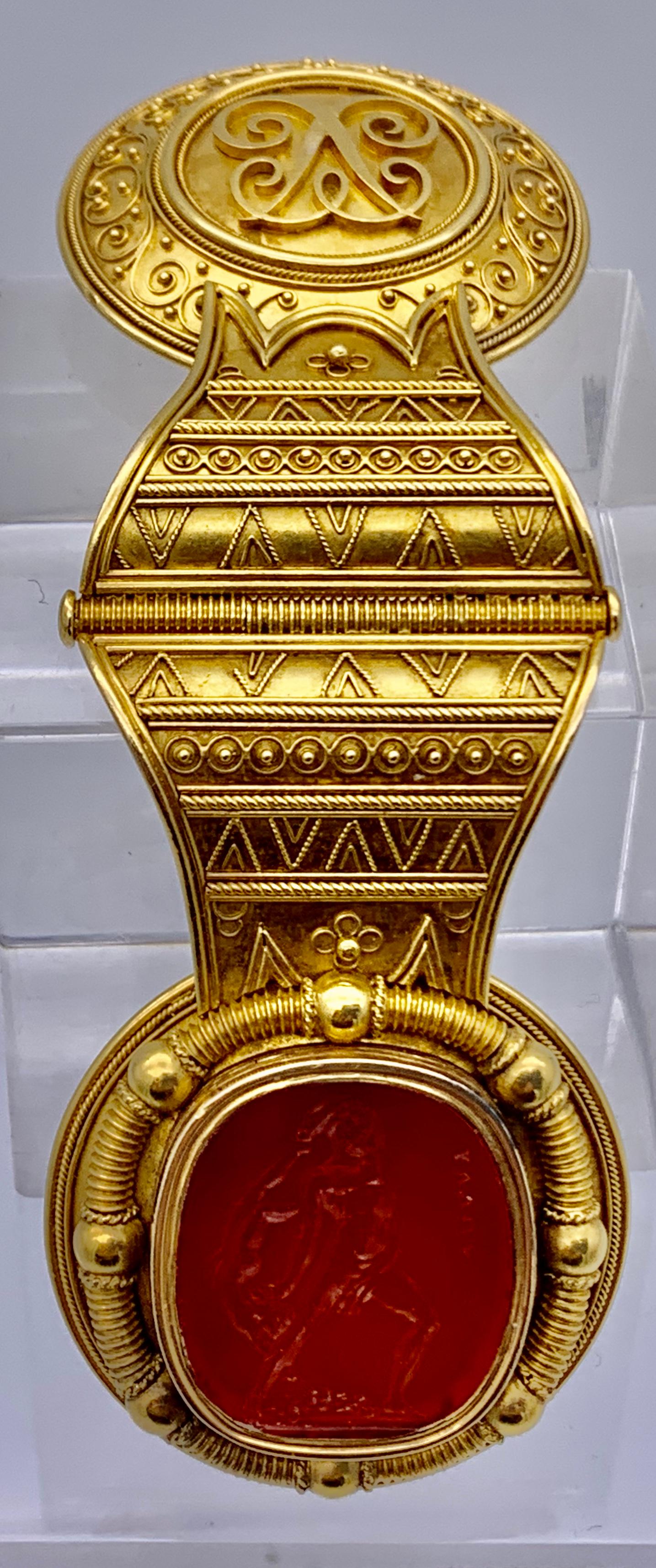 Women's or Men's Antique Neoarchaeological Bulla Carnelian Intaglio Granulation Gold Locket For Sale