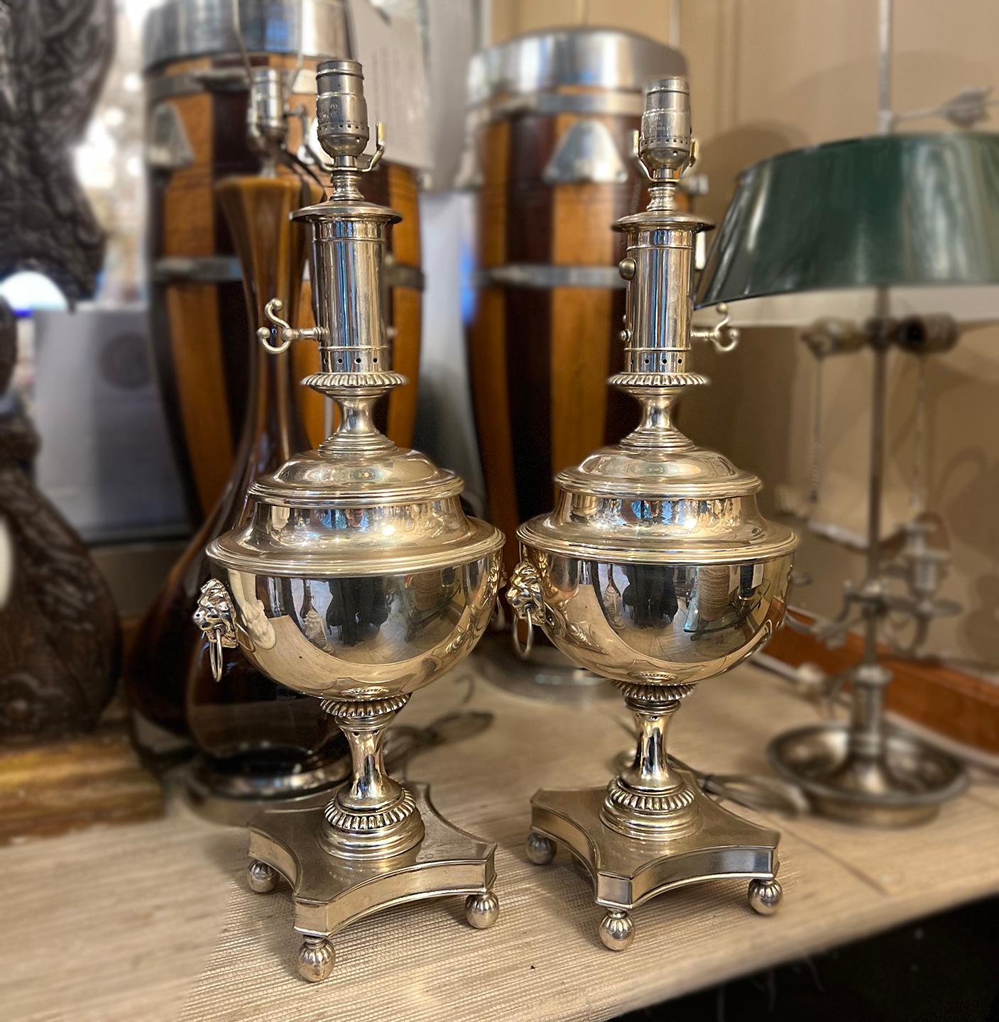 Early 20th Century Antique Neoclassic Silver Plated Table Lamps For Sale