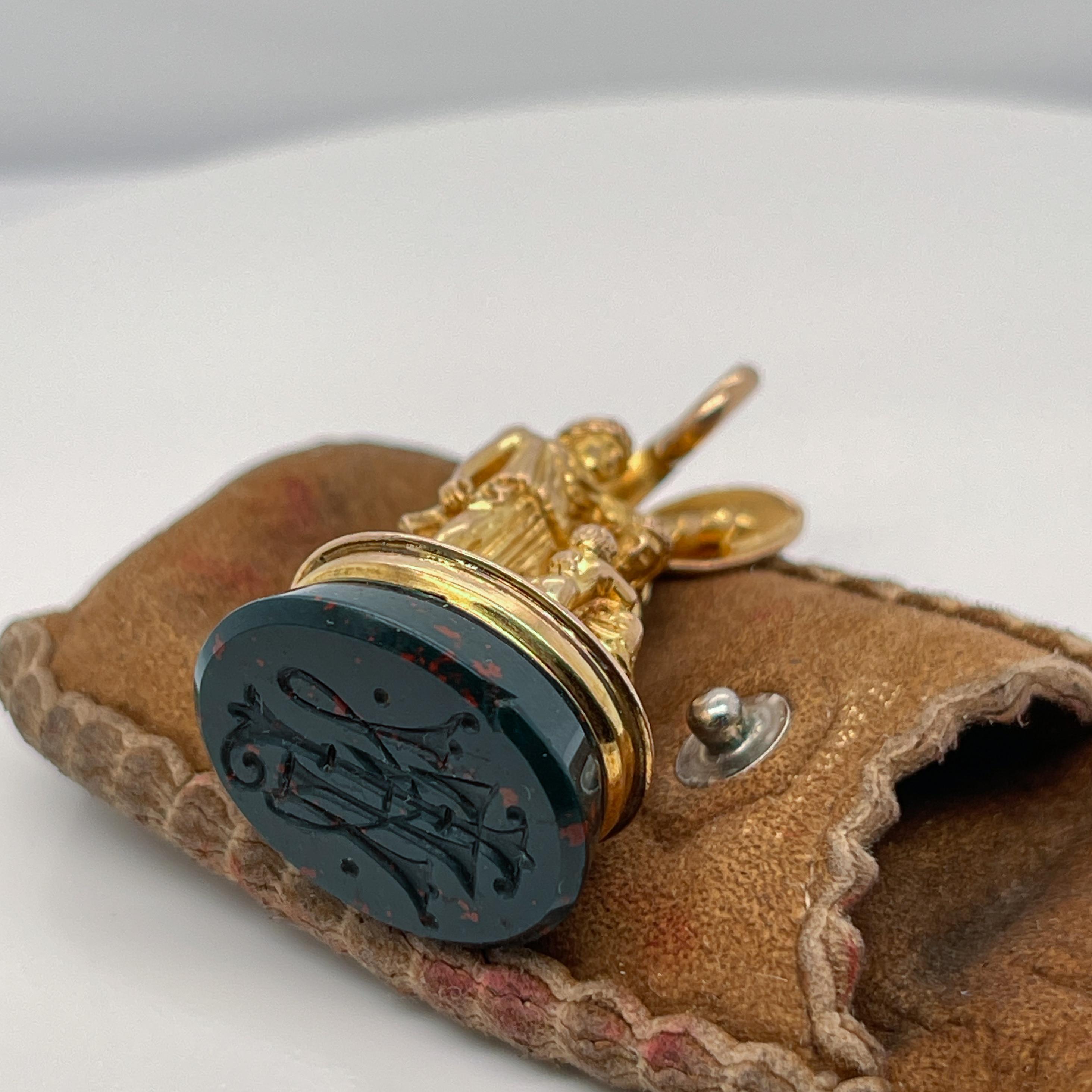 Antique Neoclassical 18 Karat Gold Figural Watch Fob & Bloodstone Seal 9