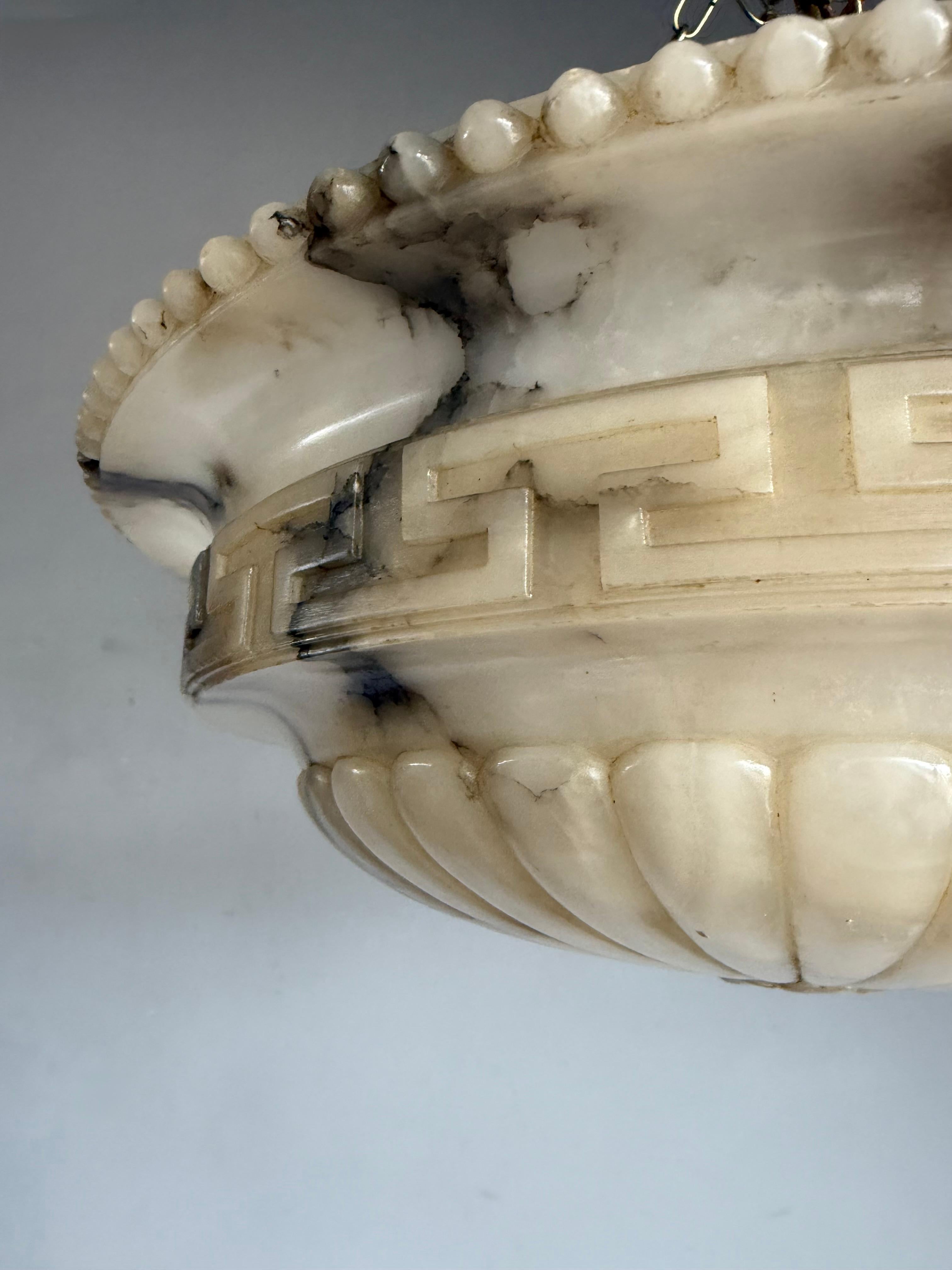 Antique Neoclassical Alabaster Pendant Light w. Greek Key Detailing, circa 1920. For Sale 3