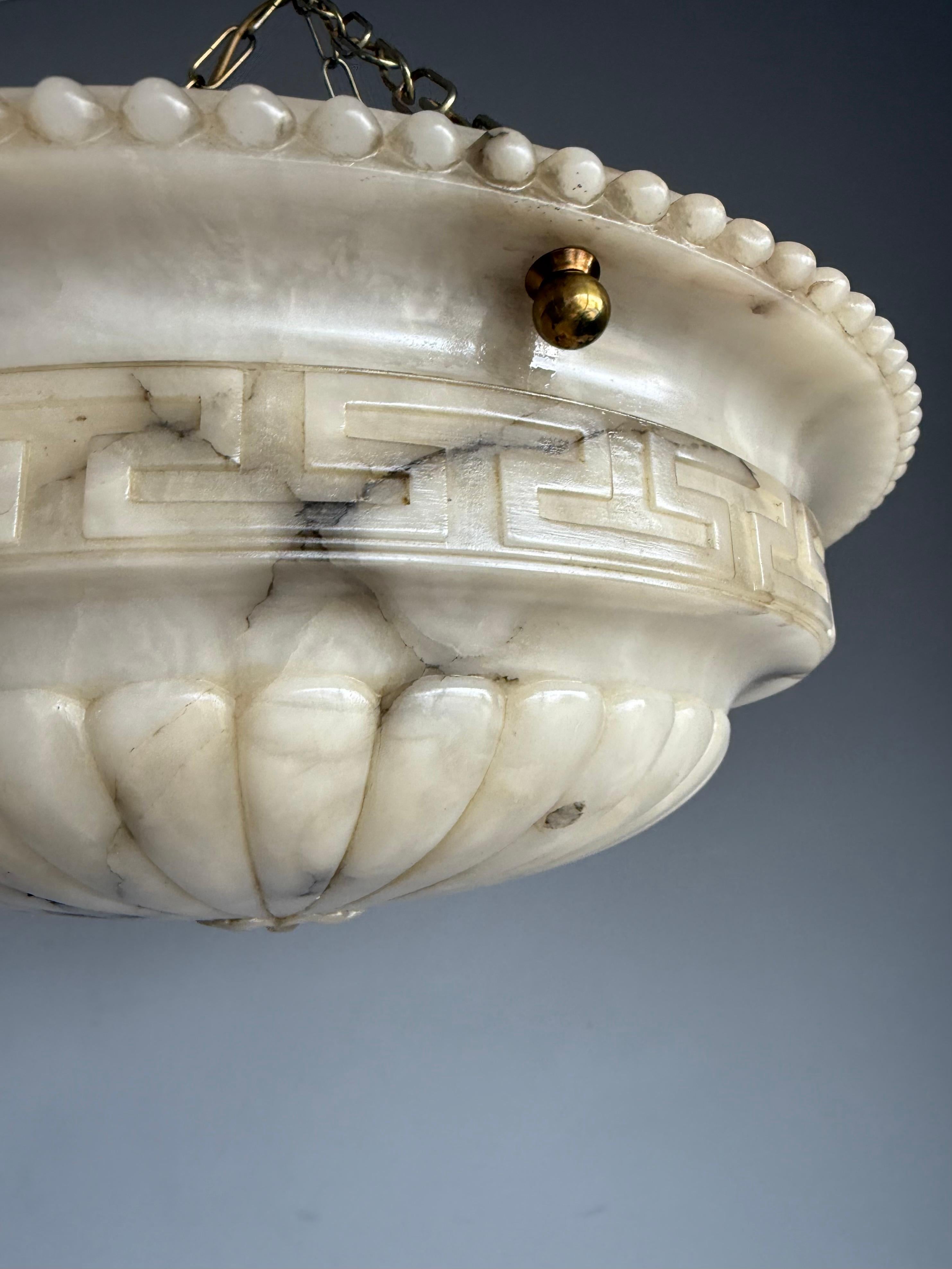 Antique Neoclassical Alabaster Pendant Light w. Greek Key Detailing, circa 1920. For Sale 4