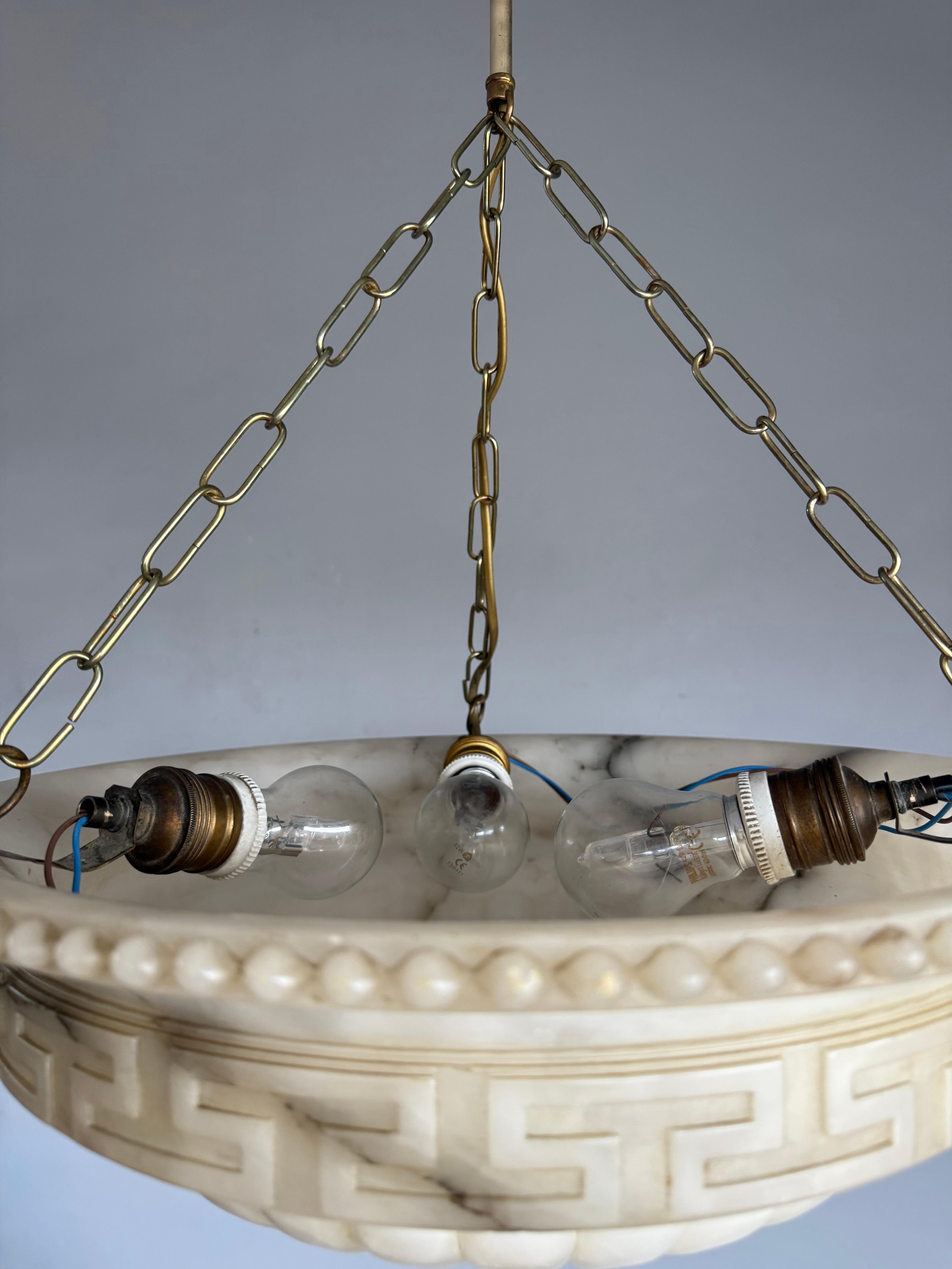 Antique Neoclassical Alabaster Pendant Light w. Greek Key Detailing, circa 1920. For Sale 5