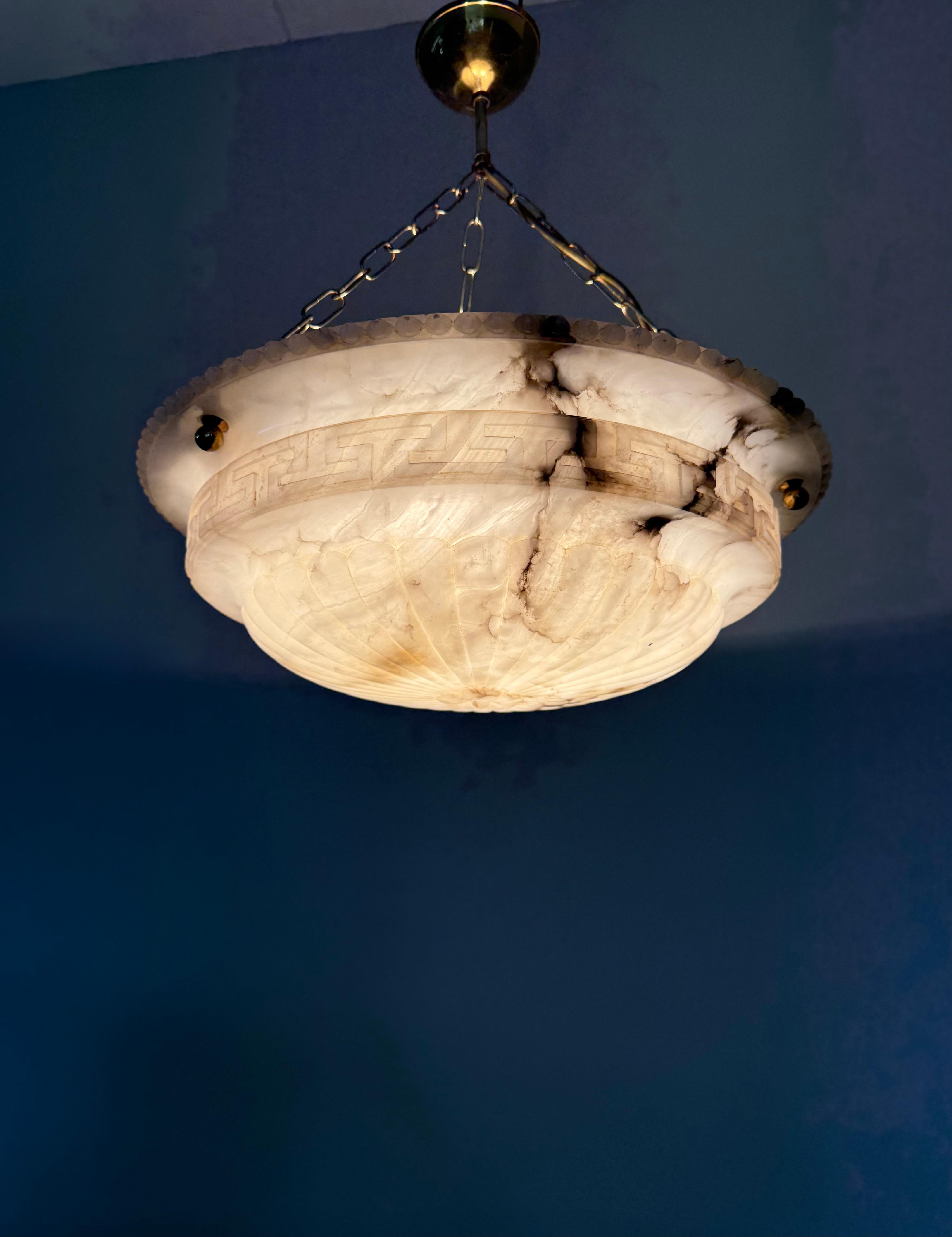 Antique Neoclassical Alabaster Pendant Light w. Greek Key Detailing, circa 1920. For Sale 6