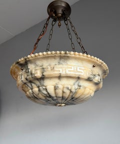 Antique NEOCLASSICAL Alabaster Pendant Light w. GREEK KEY Detailing, circa 1920.
