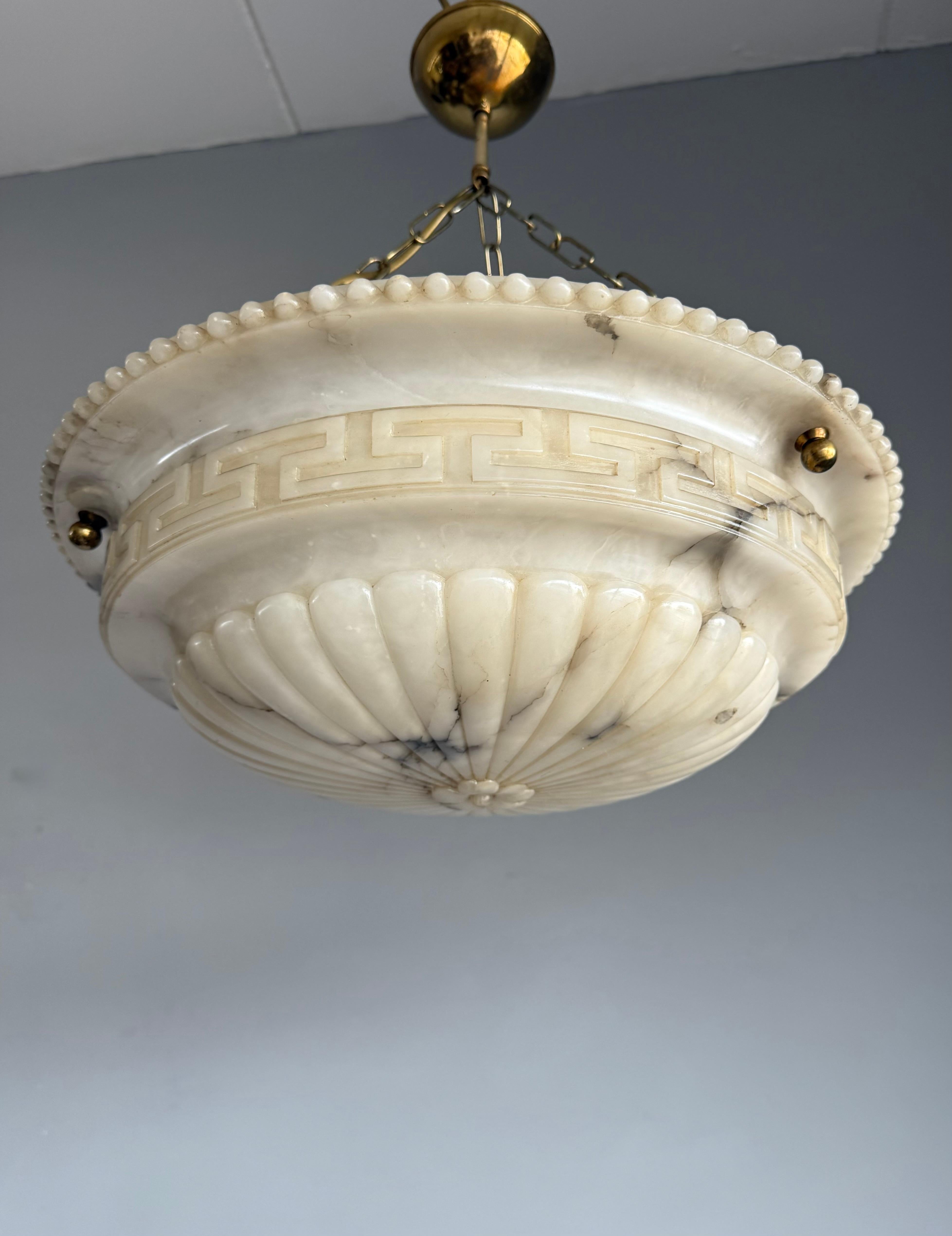 Italian Antique Neoclassical Alabaster Pendant Light w. Greek Key Detailing, circa 1920. For Sale