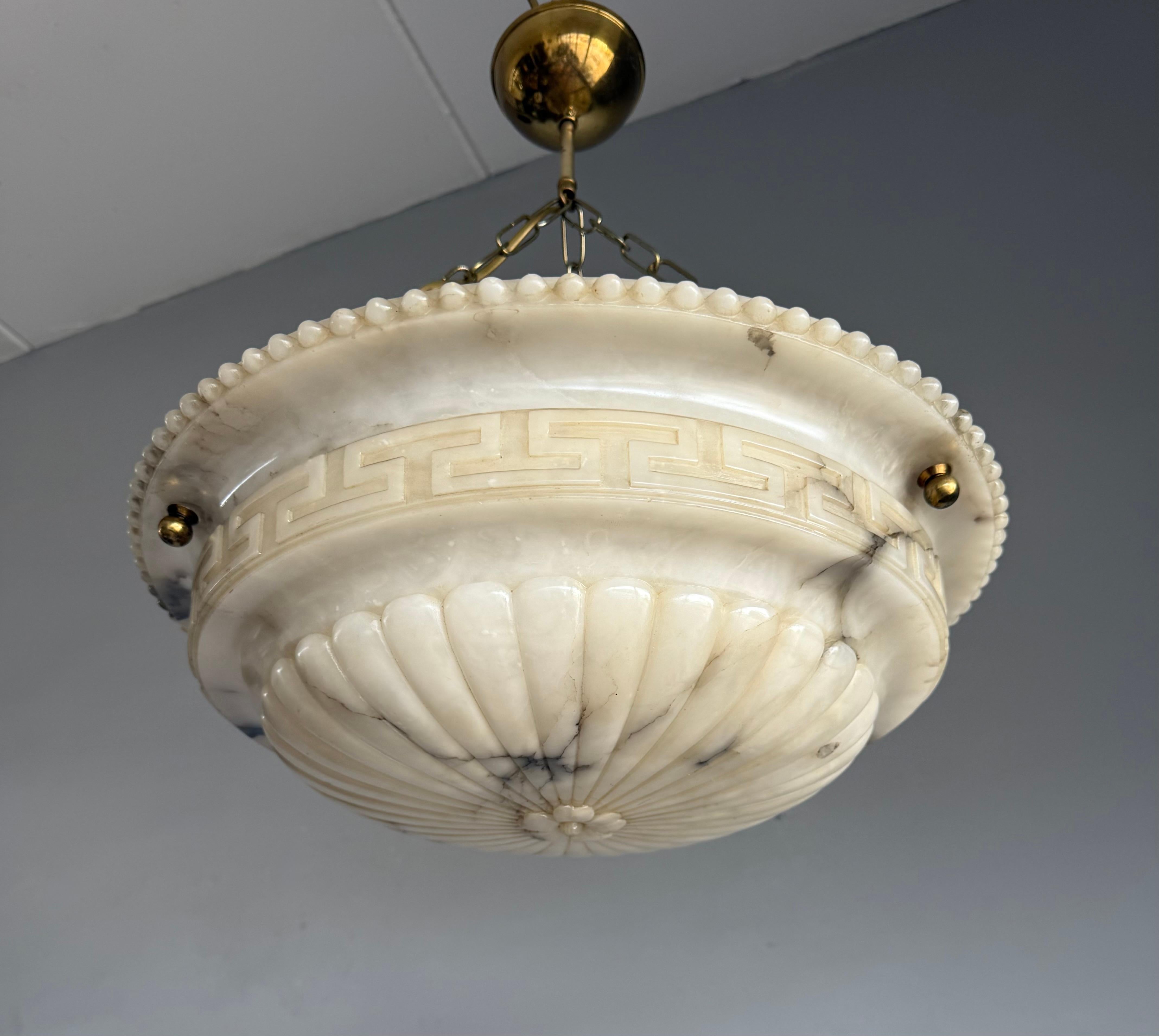 Hand-Carved Antique Neoclassical Alabaster Pendant Light w. Greek Key Detailing, circa 1920. For Sale
