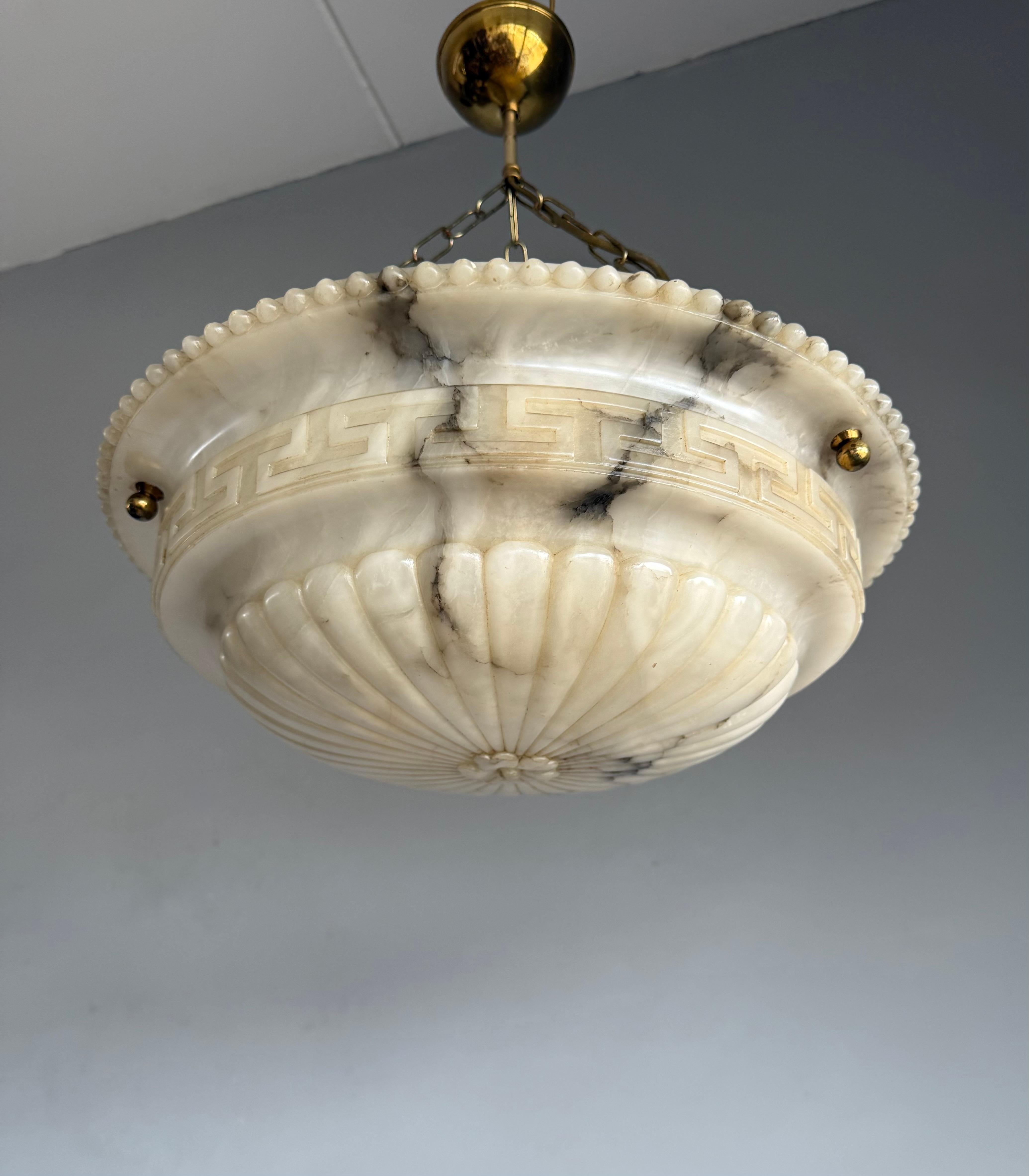 20th Century Antique Neoclassical Alabaster Pendant Light w. Greek Key Detailing, circa 1920. For Sale