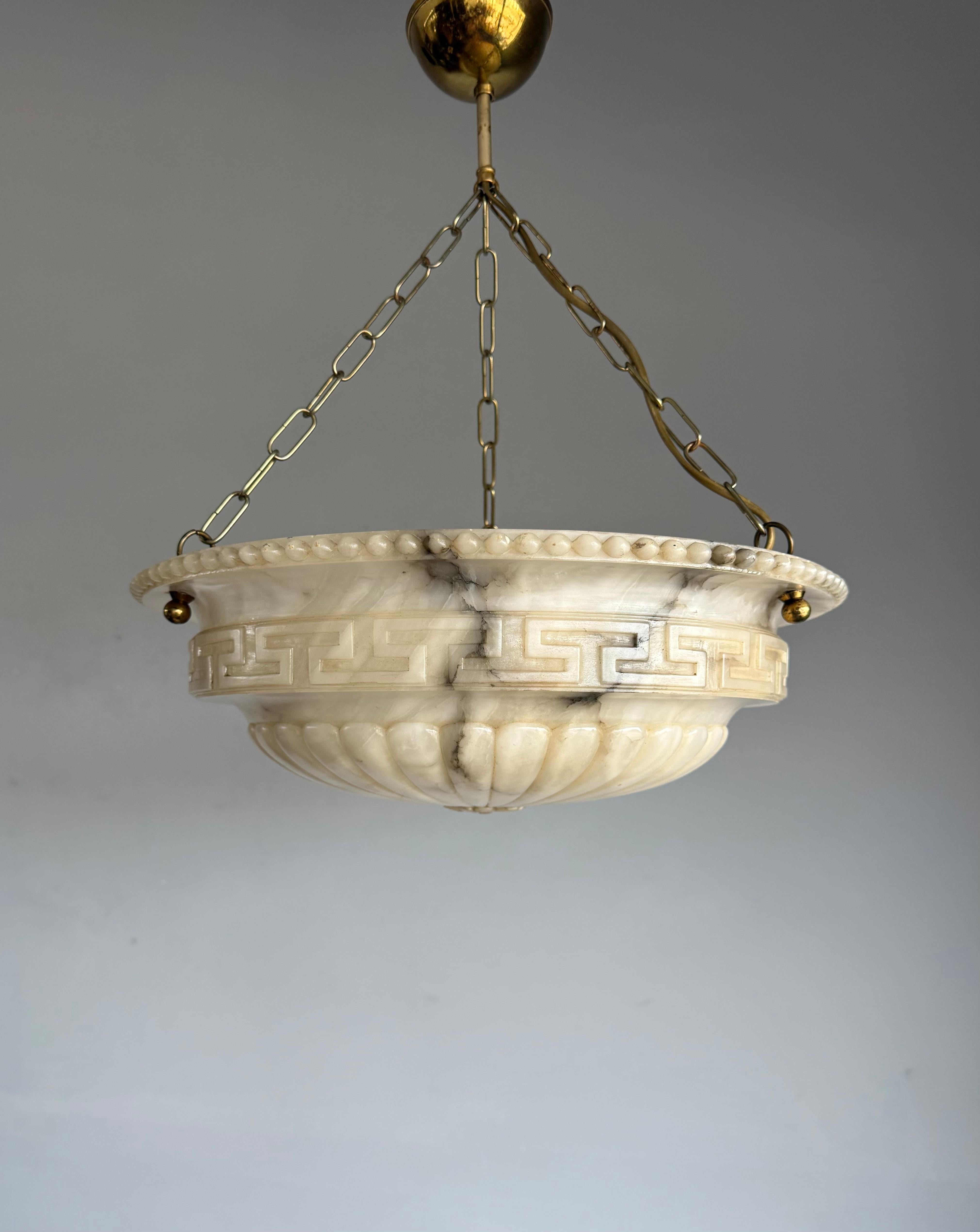Brass Antique Neoclassical Alabaster Pendant Light w. Greek Key Detailing, circa 1920. For Sale