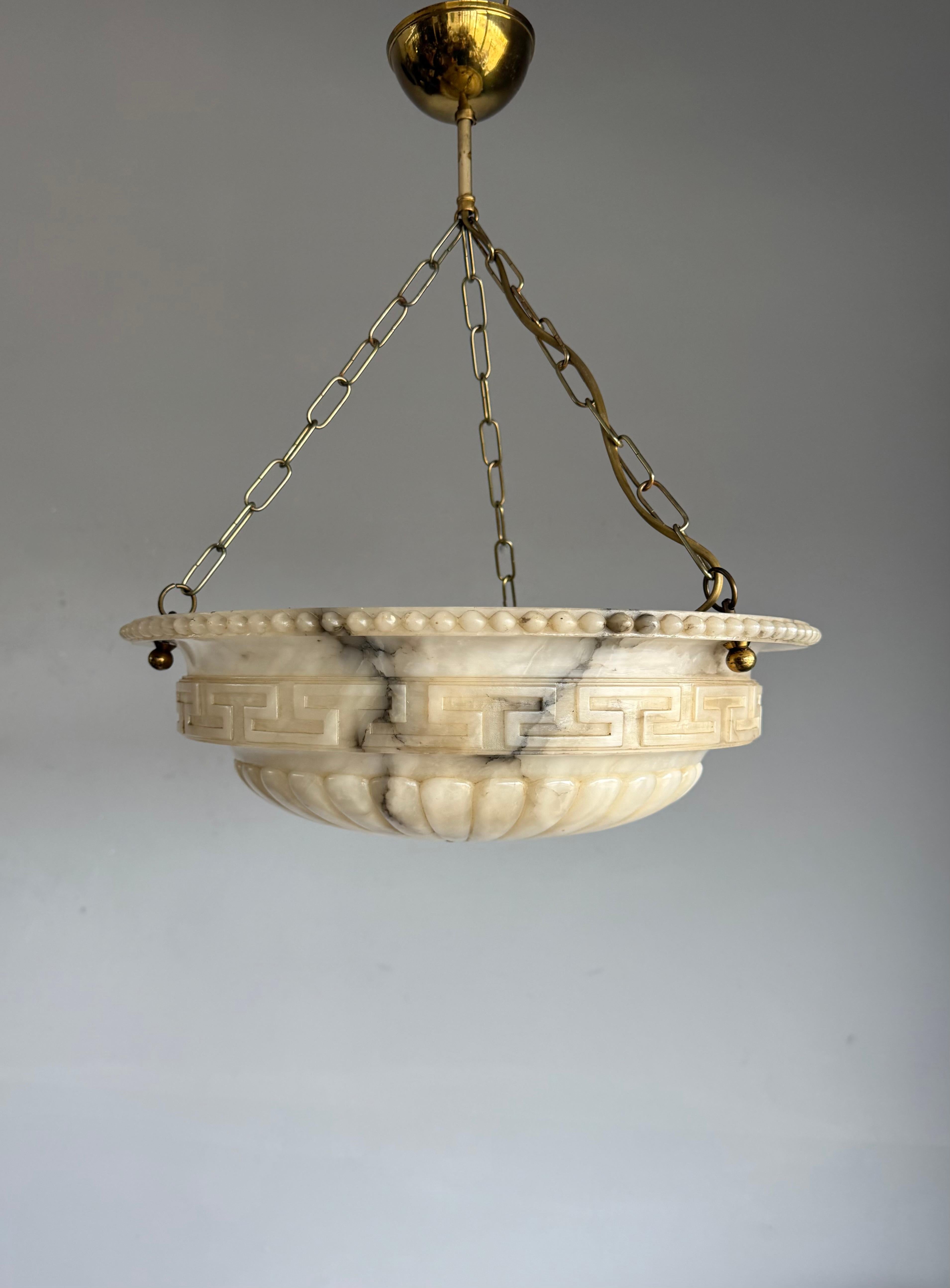 Antique Neoclassical Alabaster Pendant Light w. Greek Key Detailing, circa 1920. For Sale 1