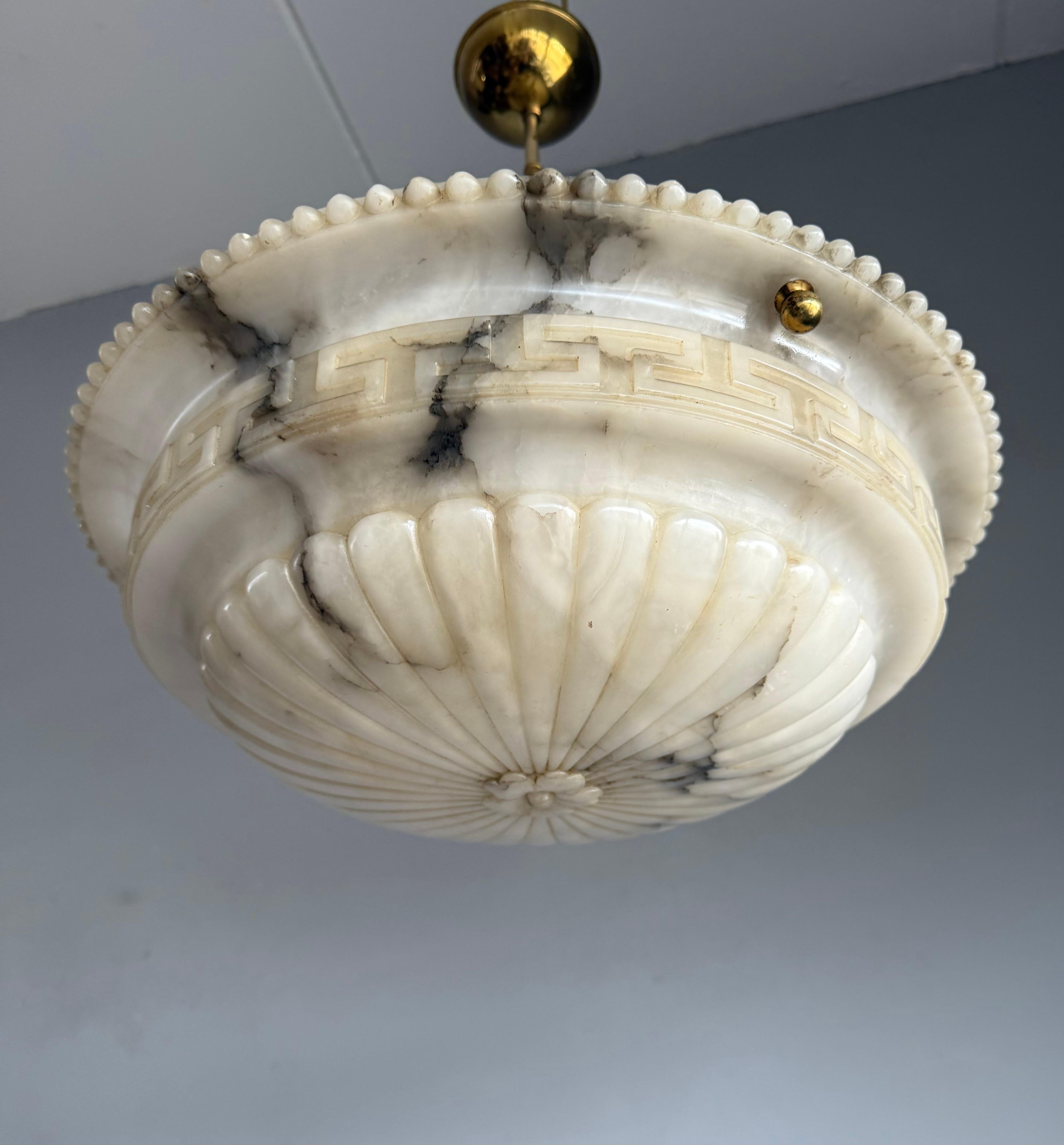 Antique Neoclassical Alabaster Pendant Light w. Greek Key Detailing, circa 1920. For Sale 2