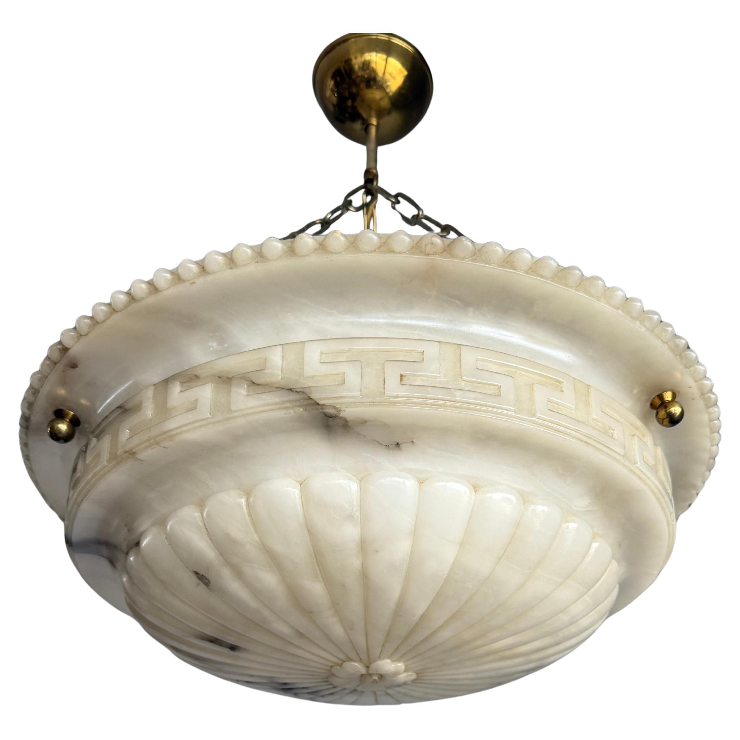 Antique Neoclassical Alabaster Pendant Light w. Greek Key Detailing, circa 1920. For Sale