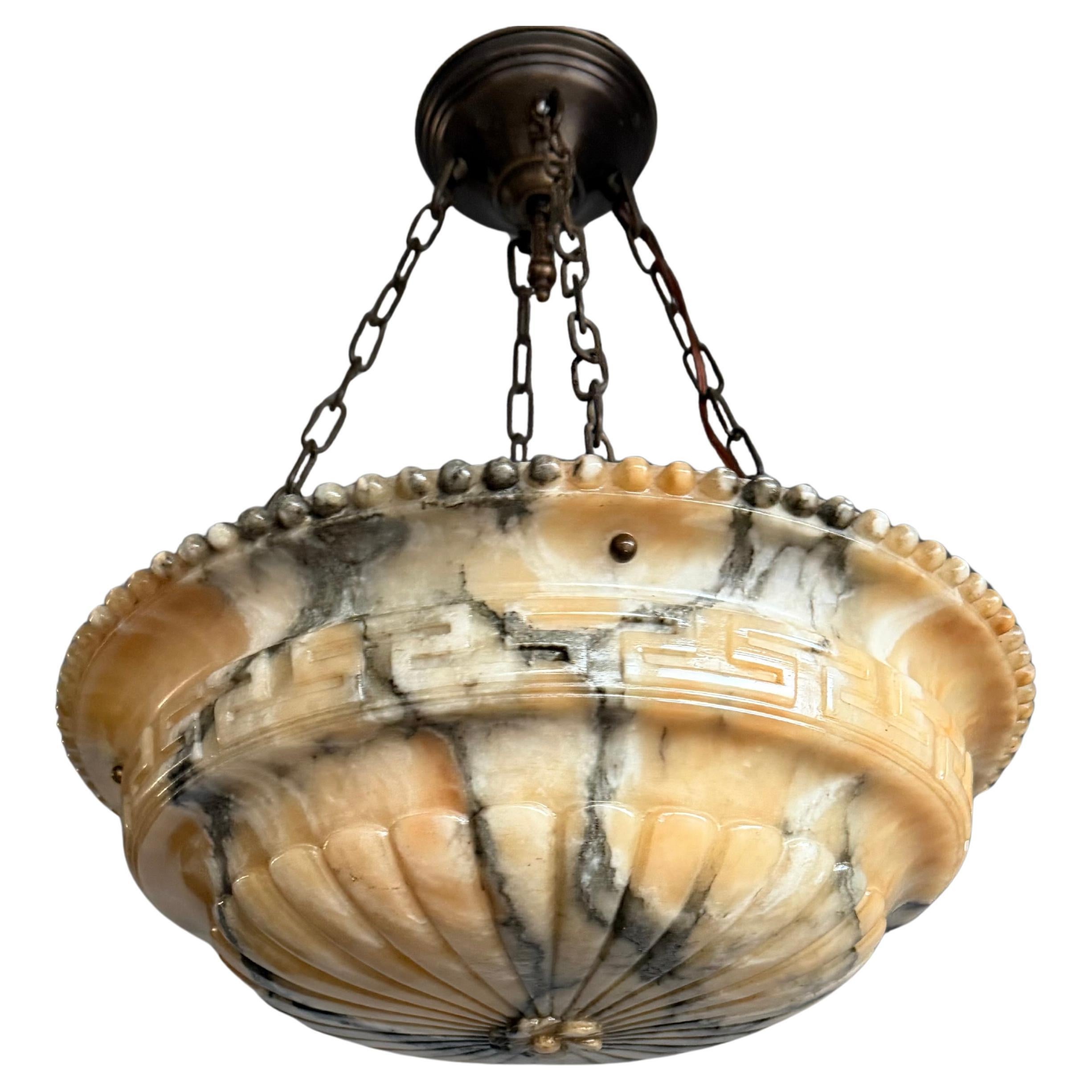 Antique NEOCLASSICAL Alabaster Pendant Light w. GREEK KEY Detailing, circa 1920. For Sale