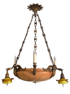 Antique Neoclassical Amber /Honey Alabaster, Gilt Bronze chandelier w-griffins