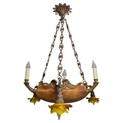 Antique Neoclassical Amber /Honey Alabaster, Gilt Bronze chandelier w-griffins