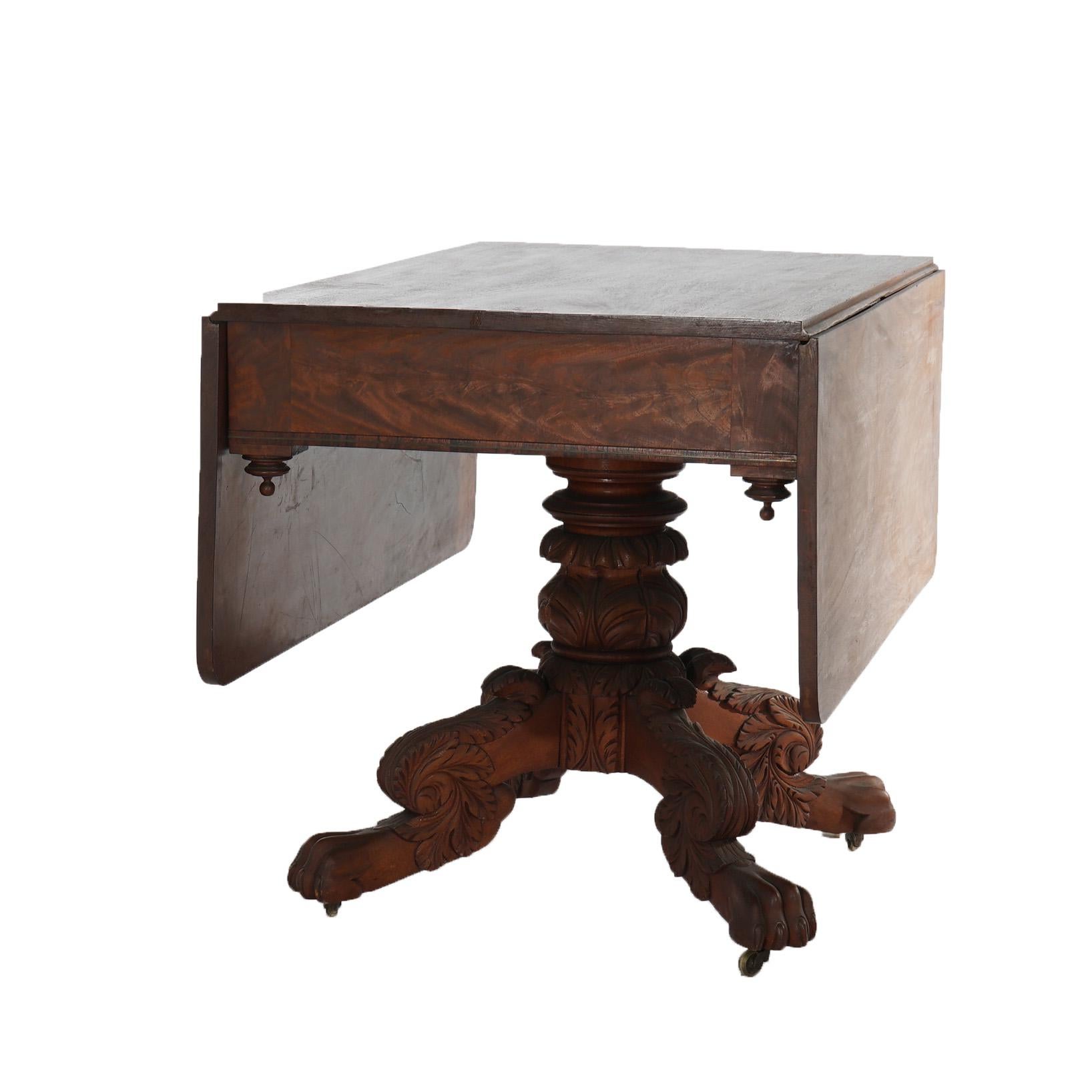 Antique Neoclassical American Empire Carved Flame Mahogany Drop Leaf Table c1880 For Sale 9