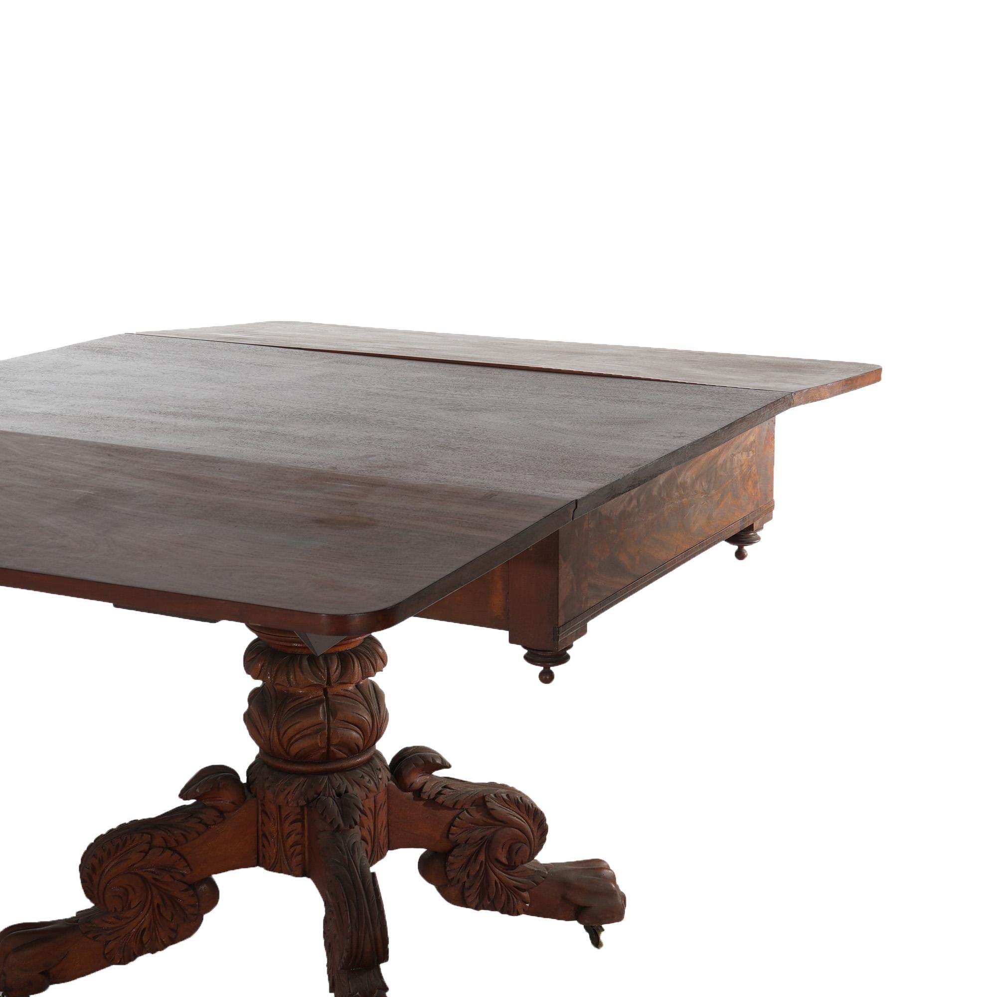 19th Century Antique Neoclassical American Empire Carved Flame Mahogany Drop Leaf Table c1880 For Sale