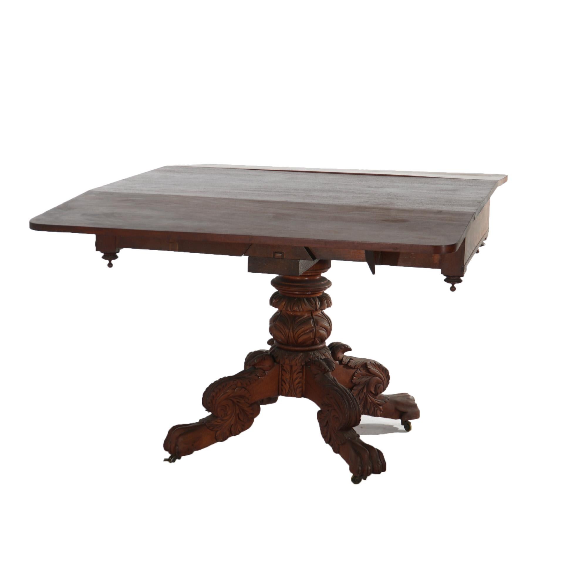 Antique Neoclassical American Empire Carved Flame Mahogany Drop Leaf Table c1880 For Sale 1
