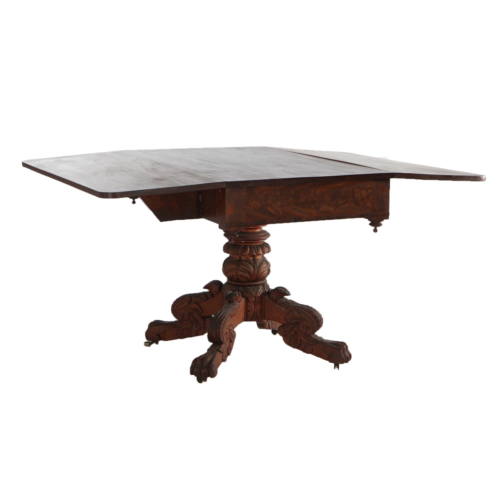 Antique Neoclassical American Empire Carved Flame Mahogany Drop Leaf Table c1880 For Sale 5