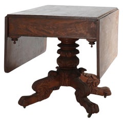 Antique Neoclassical American Empire Carved Flame Mahogany Drop Leaf Table c1880