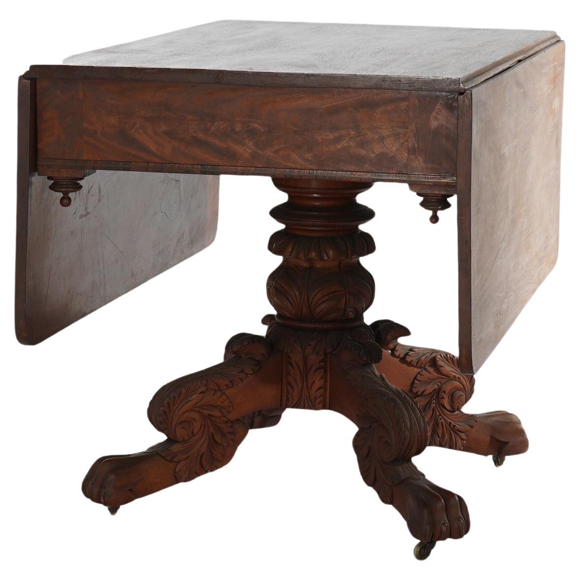 Antique Neoclassical American Empire Carved Flame Mahogany Drop Leaf Table c1880 For Sale