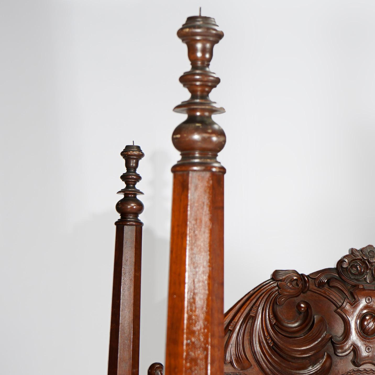 Antique Neoclassical American Empire Carved Flame Mahogany Full Tester Bed c1830 For Sale 2