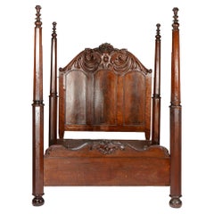 Antique Neoclassical American Empire Carved Flame Mahogany Full Tester Bed c1830