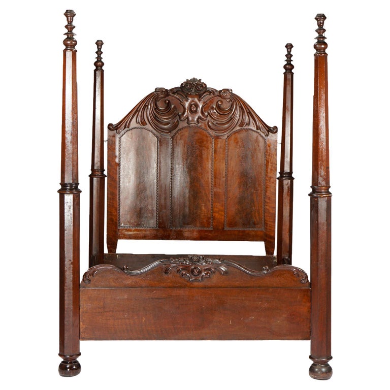 Antique Neoclassical American Empire Carved Flame Mahogany Full Tester Bed  c1830 For Sale at 1stDibs