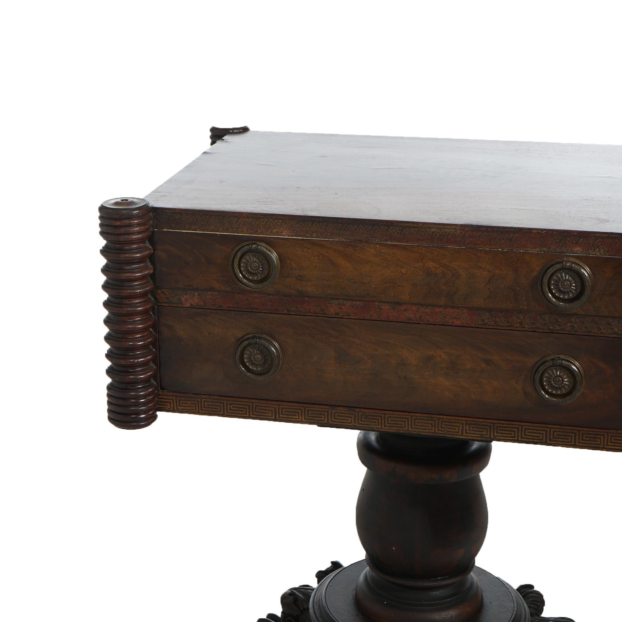 Antique Neoclassical American Empire Carved Flame Mahogany Stenciled Work Table 6