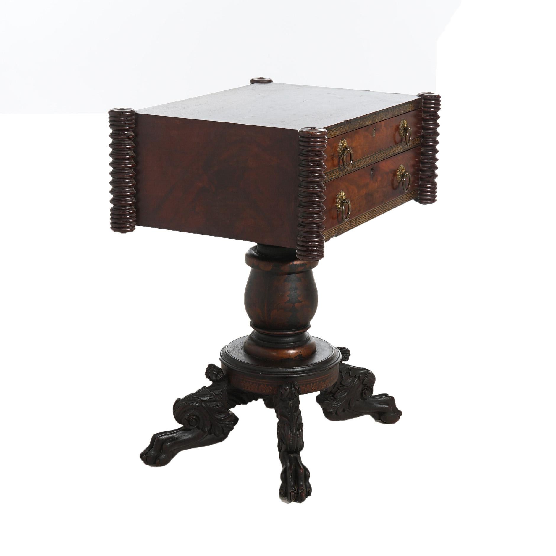 Antique Neoclassical American Empire Carved Flame Mahogany Stenciled Work Table 7
