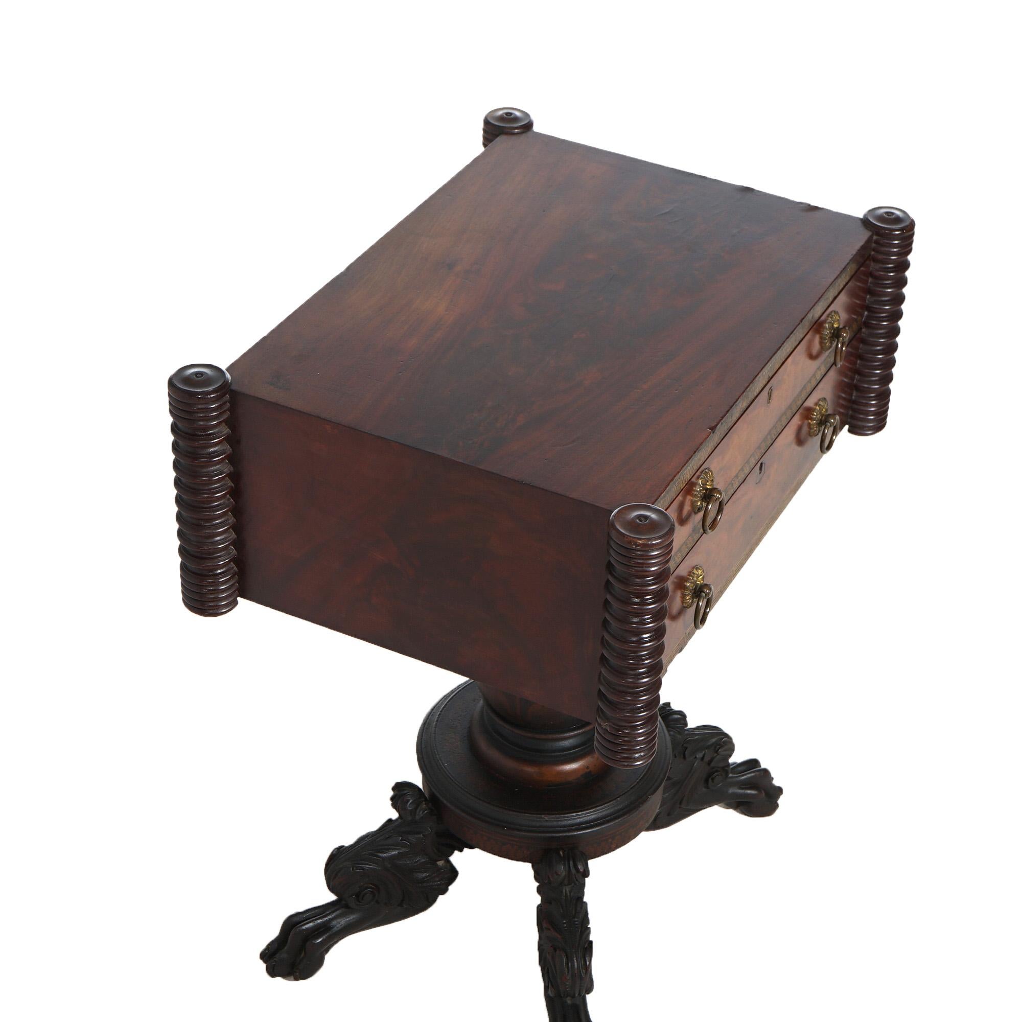 Antique Neoclassical American Empire Carved Flame Mahogany Stenciled Work Table 8