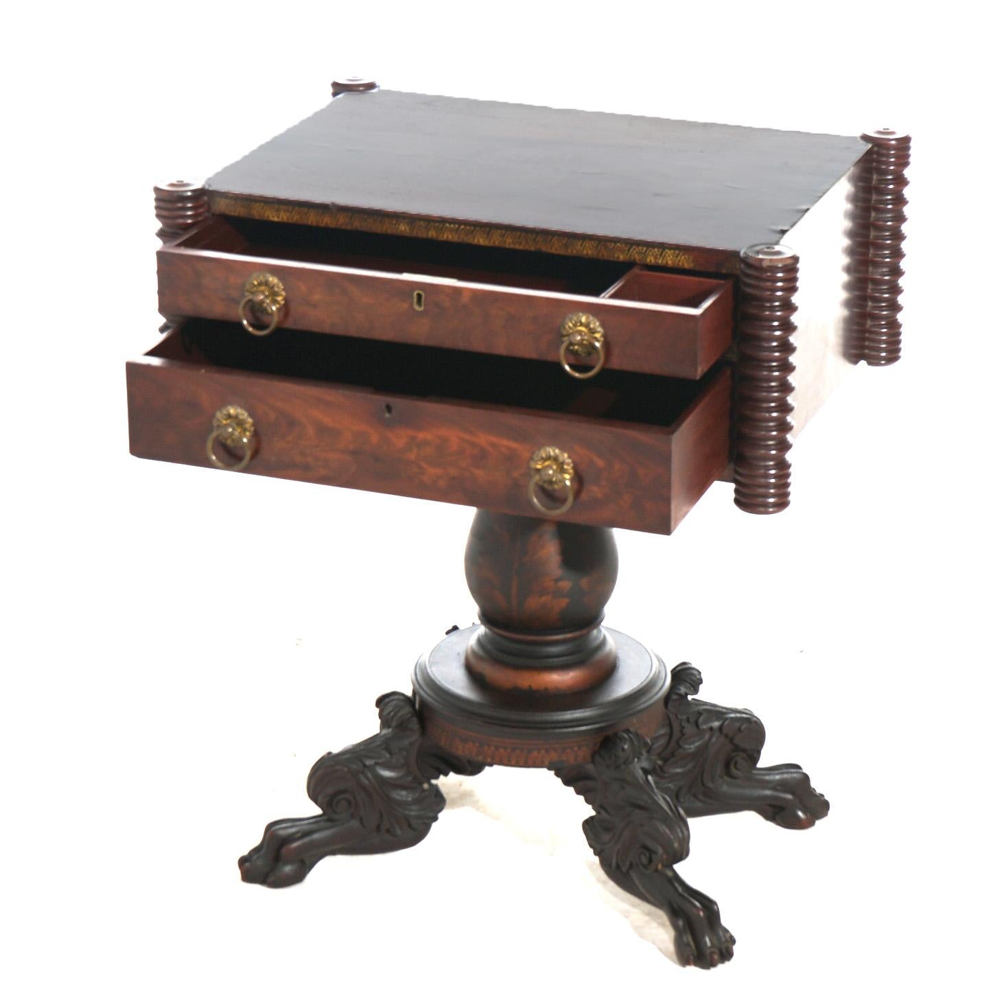 Antique Neoclassical American Empire Carved Flame Mahogany Stenciled Work Table In Good Condition In Big Flats, NY