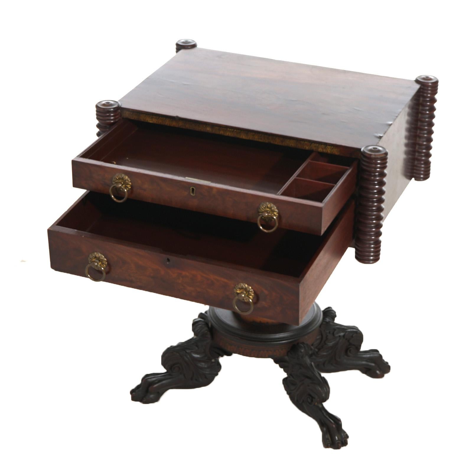 19th Century Antique Neoclassical American Empire Carved Flame Mahogany Stenciled Work Table