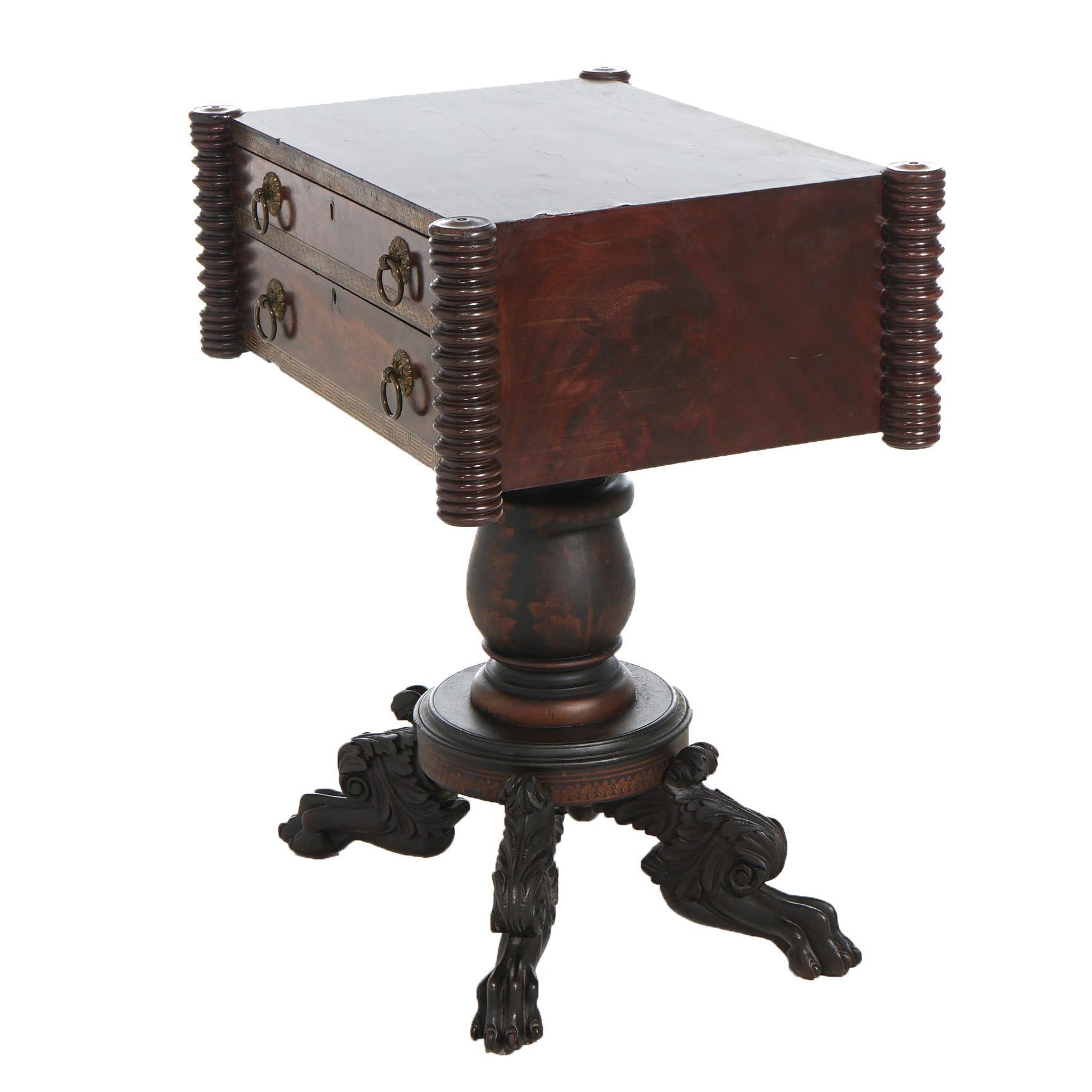 Antique Neoclassical American Empire Carved Flame Mahogany Stenciled Work Table 1