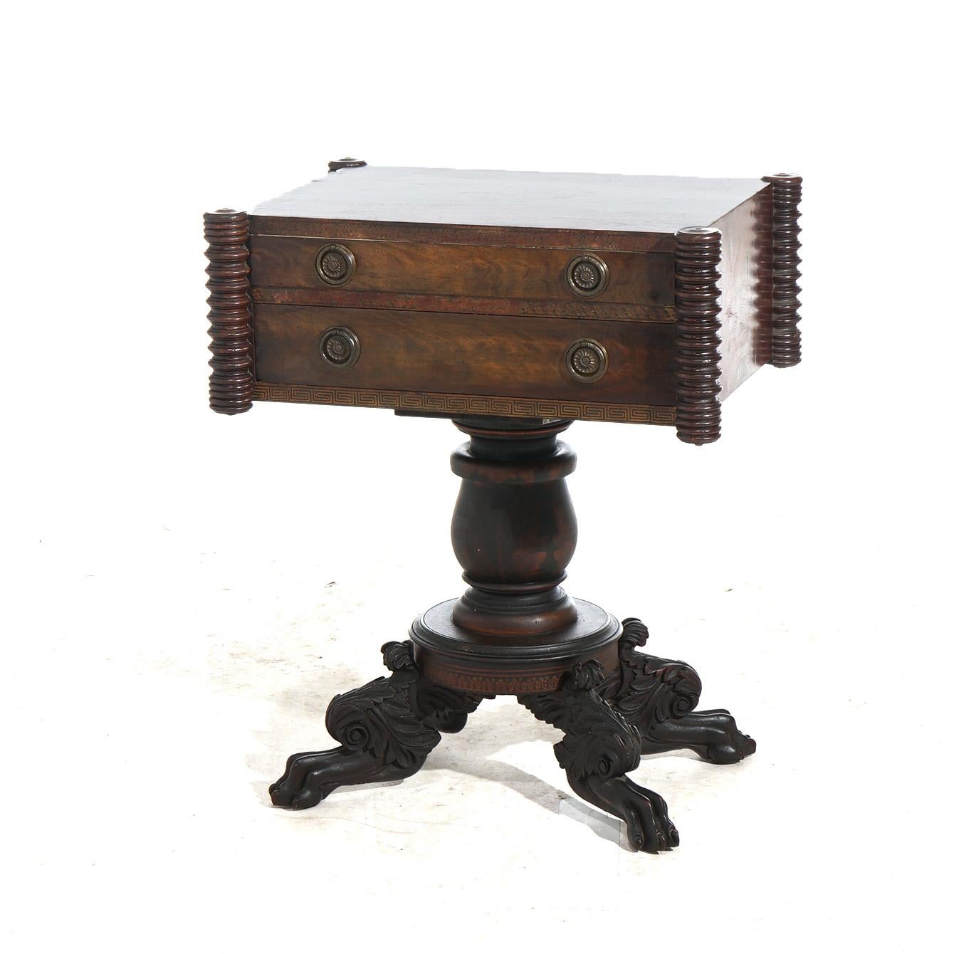 Antique Neoclassical American Empire Carved Flame Mahogany Stenciled Work Table 3