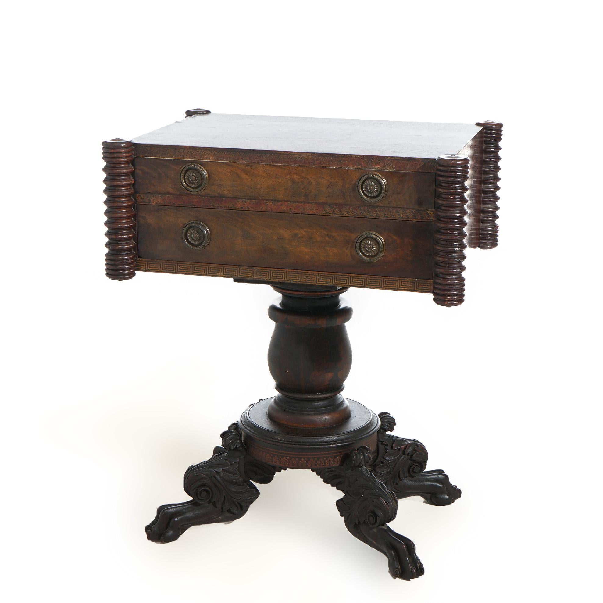 Antique Neoclassical American Empire Carved Flame Mahogany Stenciled Work Table 4