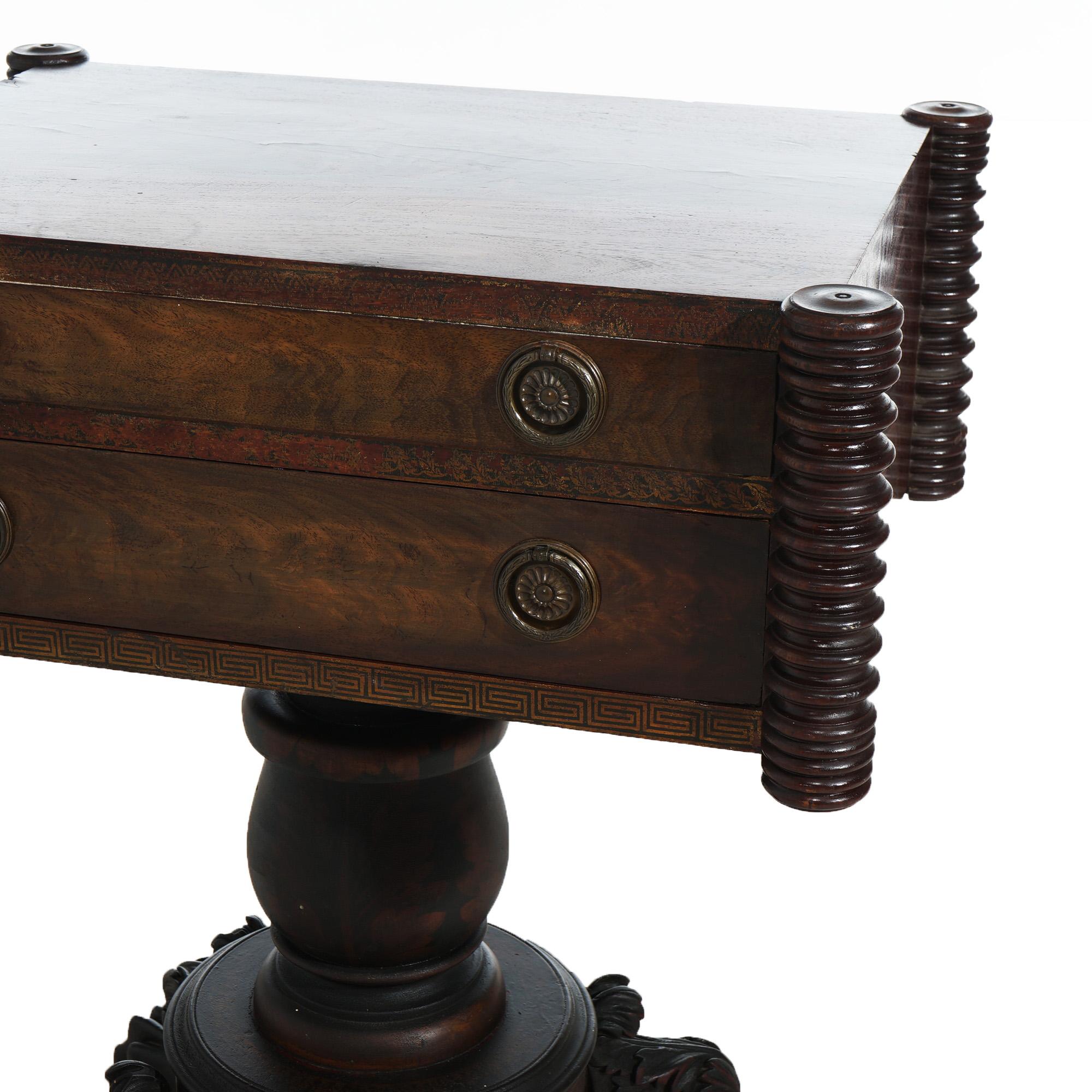 Antique Neoclassical American Empire Carved Flame Mahogany Stenciled Work Table 5