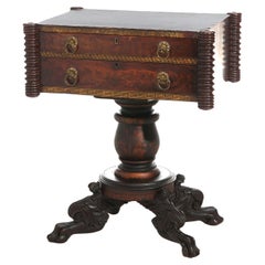 Antique Neoclassical American Empire Carved Flame Mahogany Stenciled Work Table 