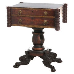 Antique Neoclassical American Empire Carved Flame Mahogany Stenciled Work Table