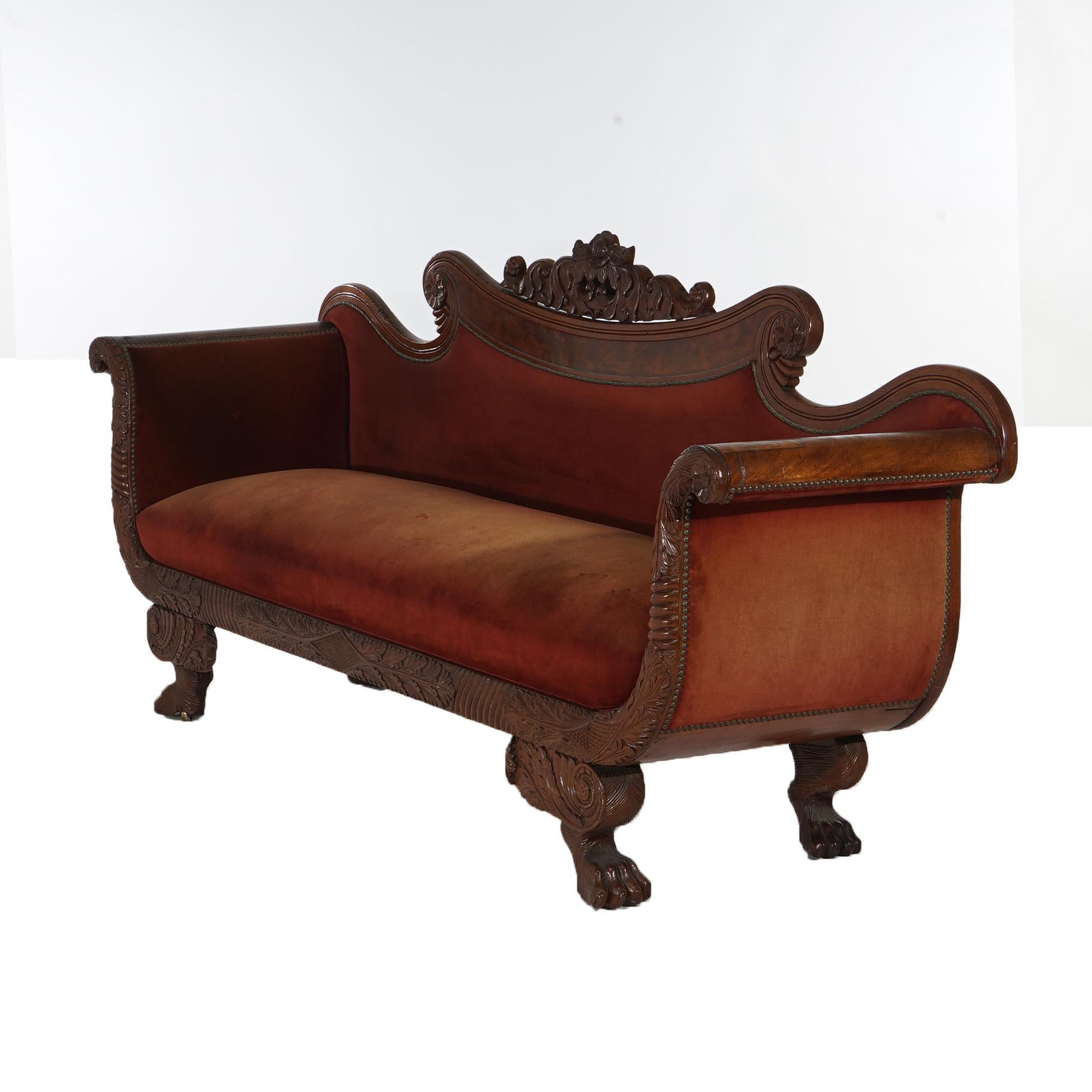 Antique Neoclassical American Empire Carved Walnut And Burl Sofa C1840 3