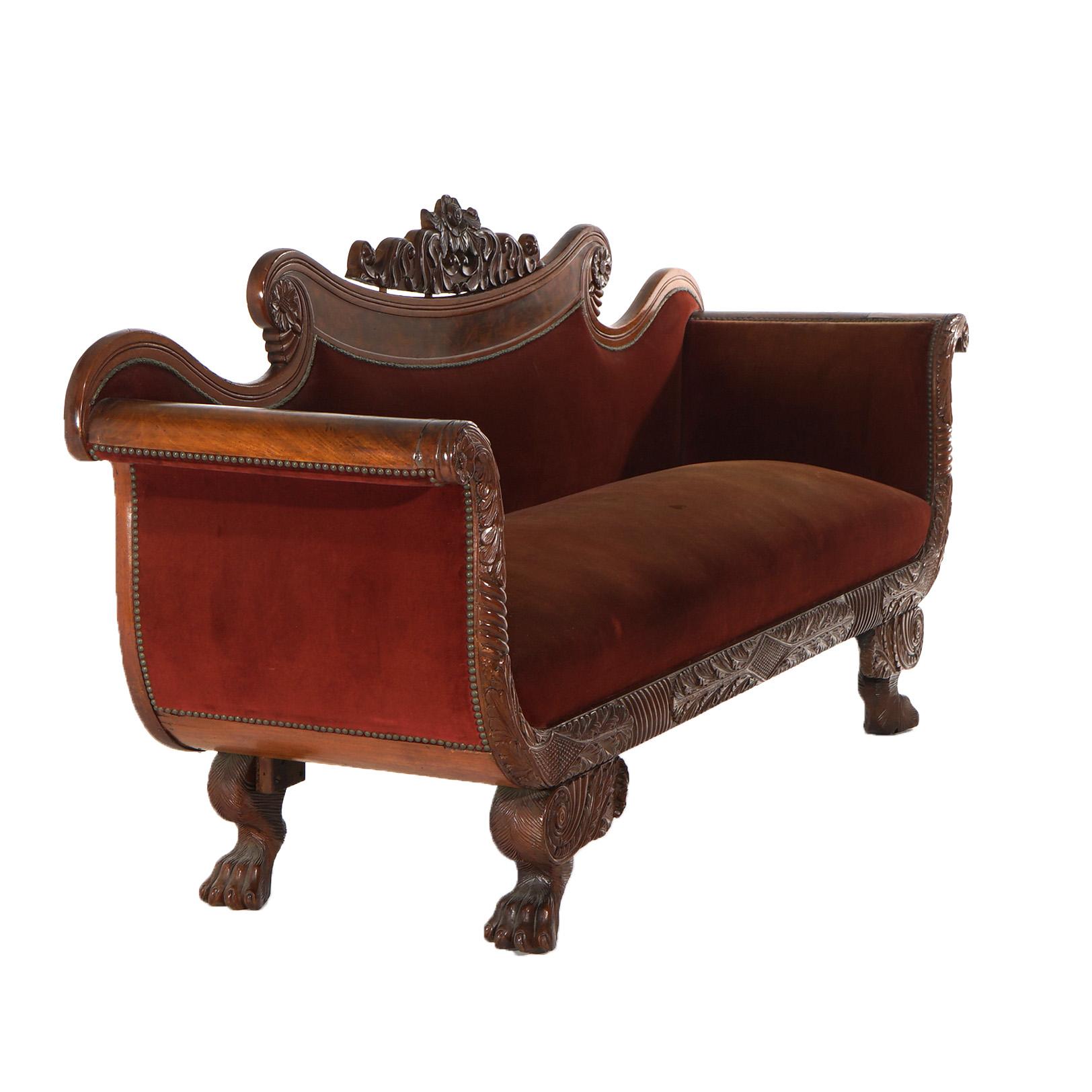 Antique Neoclassical American Empire Carved Walnut And Burl Sofa C1840 8