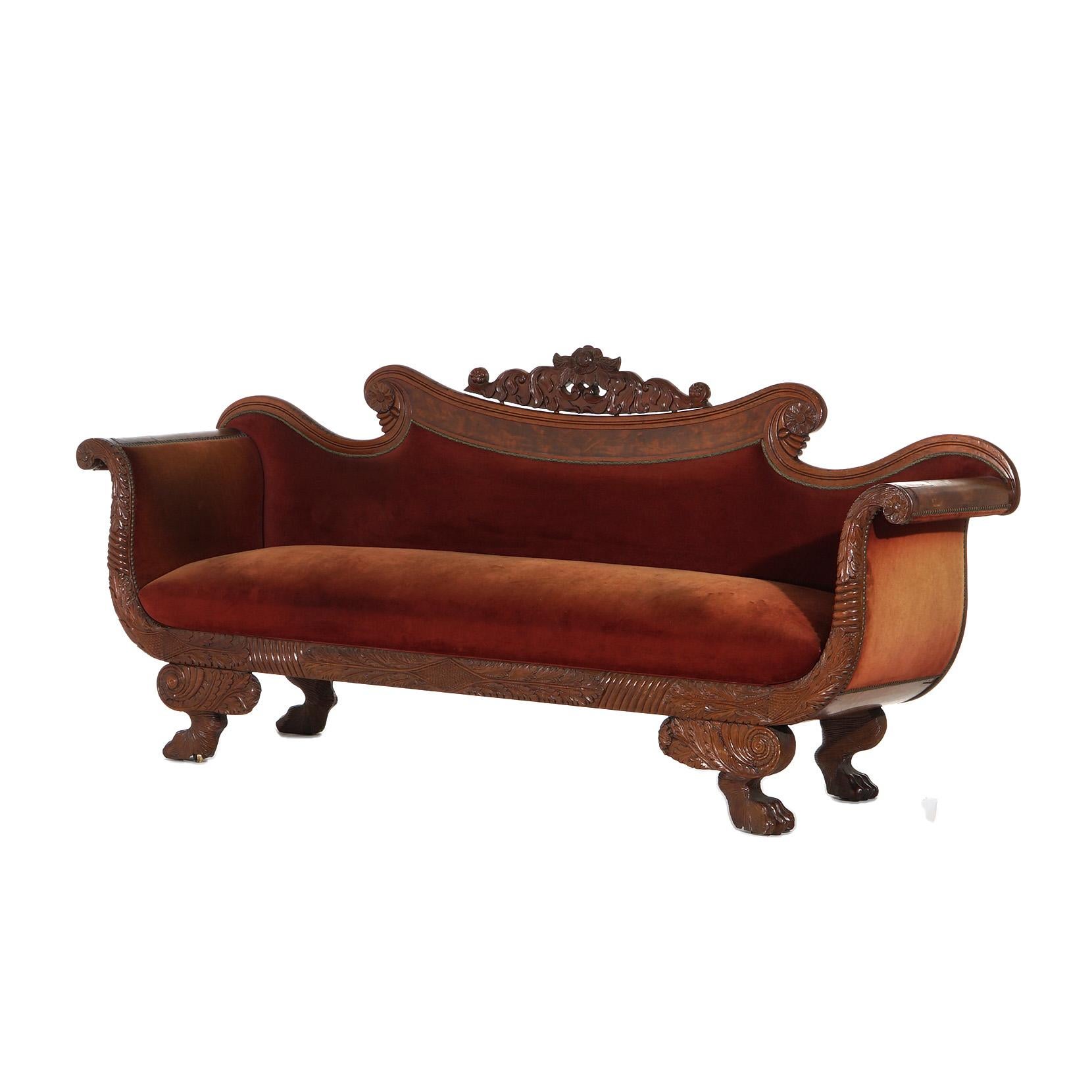 Antique Neoclassical American Empire Carved Walnut And Burl Sofa C1840 In Good Condition For Sale In Big Flats, NY